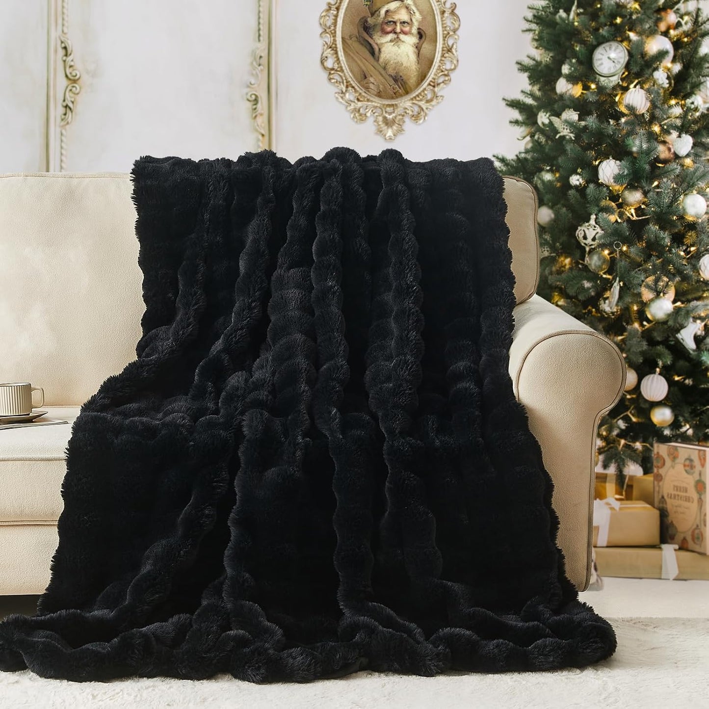 Lotus Karen Faux Fur Blanket - Black Twin Size, Big Bubble Rabbit Fluff, 60x80 Inches