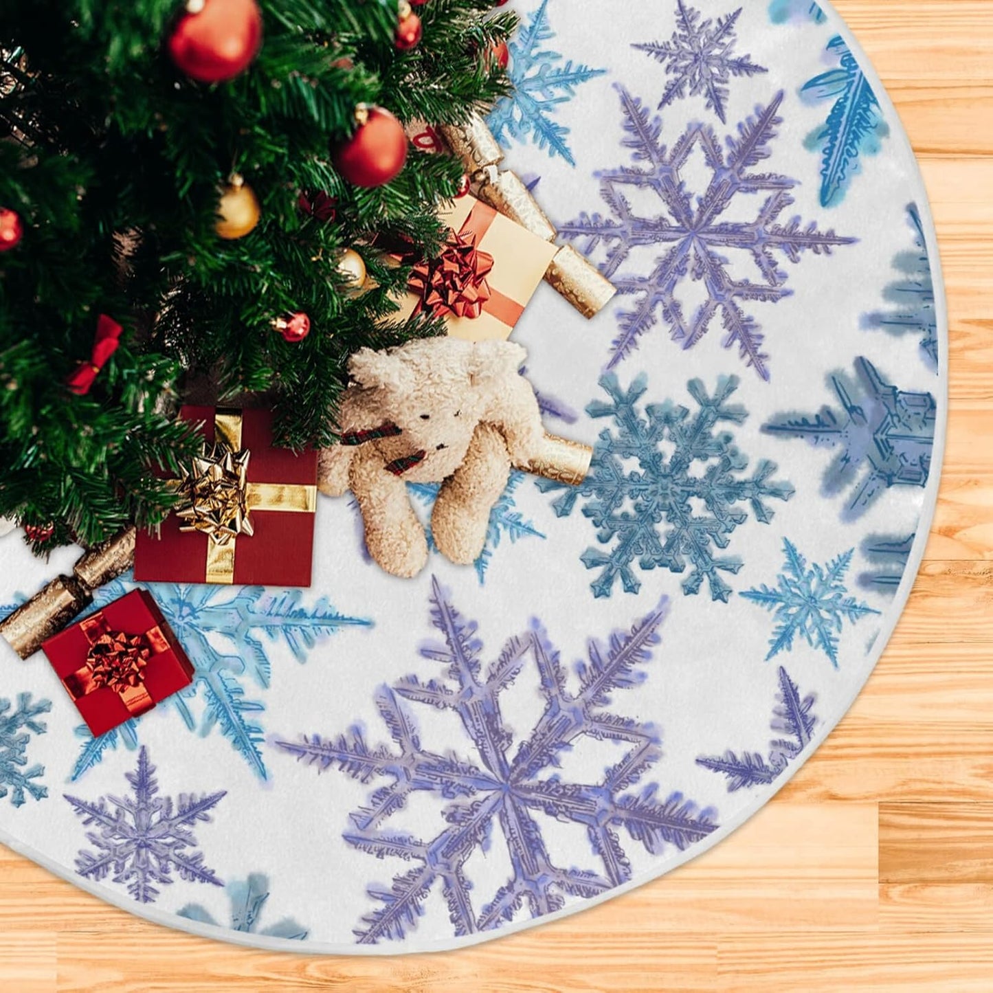 Christmas Purple Blue Snowflake Tree Skirt, Seasonal Tree Mat Holiday Party Supplies Ornaments Indoor Outdoor Decorations for Tabletop Trees 35.4 Inches