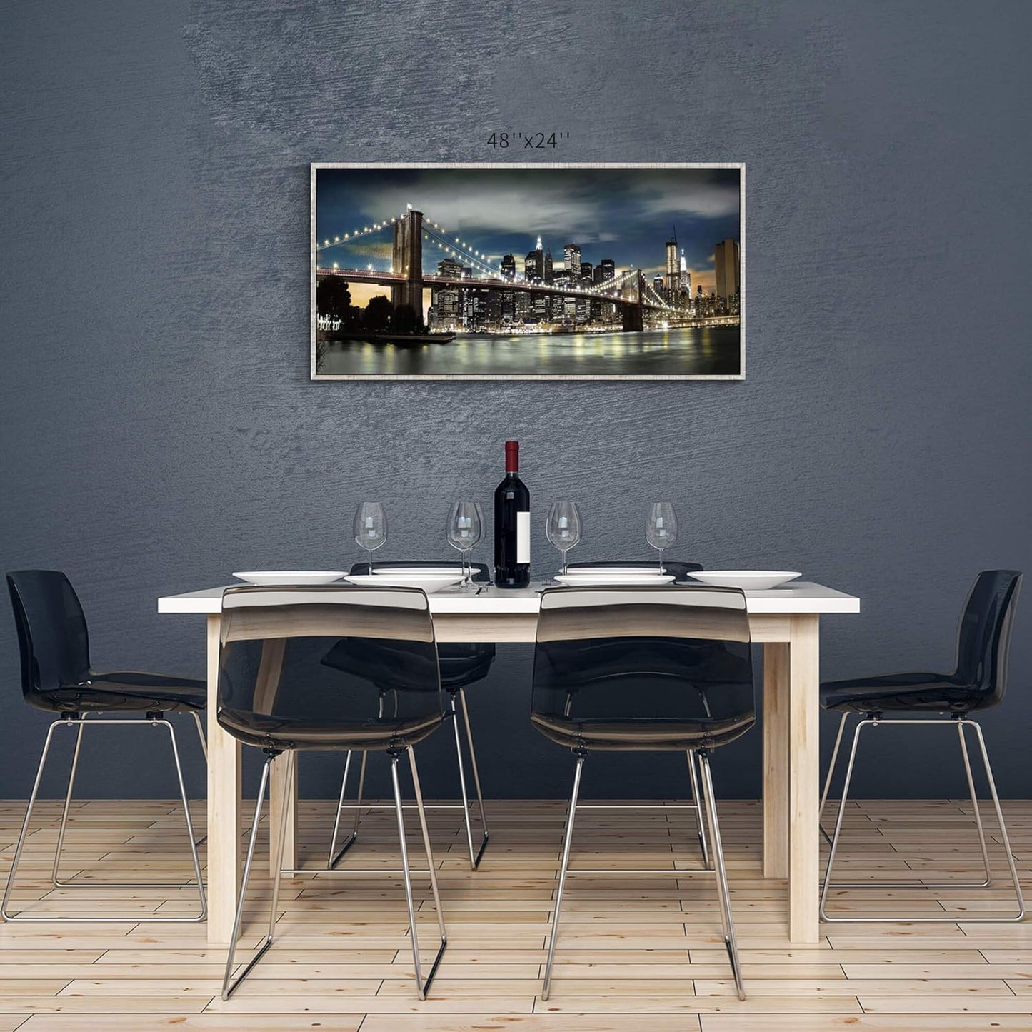 Framed Brooklyn Bridge Wall Art: Large Size New York Cityscape Skylines Night Scene Modern Picture Artwork for Home Office Decoration (48” X 24”)