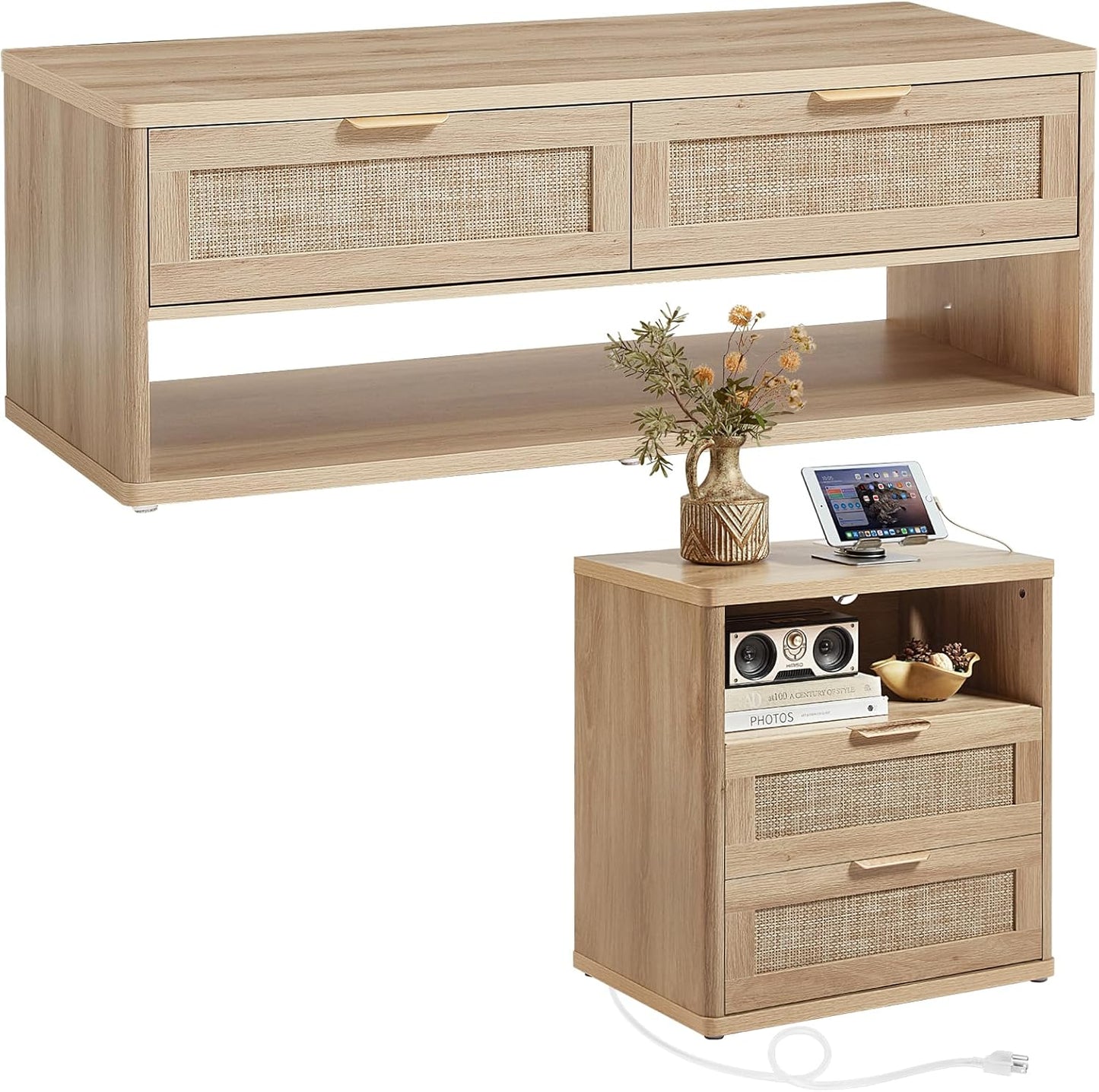 LEYAOYAO Boho Rattan Coffee Table and End Table Sets, 48" Wide Center Tables & 23" Night Stand with Charging Station Chest of Drawers, Natural Wood Coffee Table for Living Room 2 Piece Set