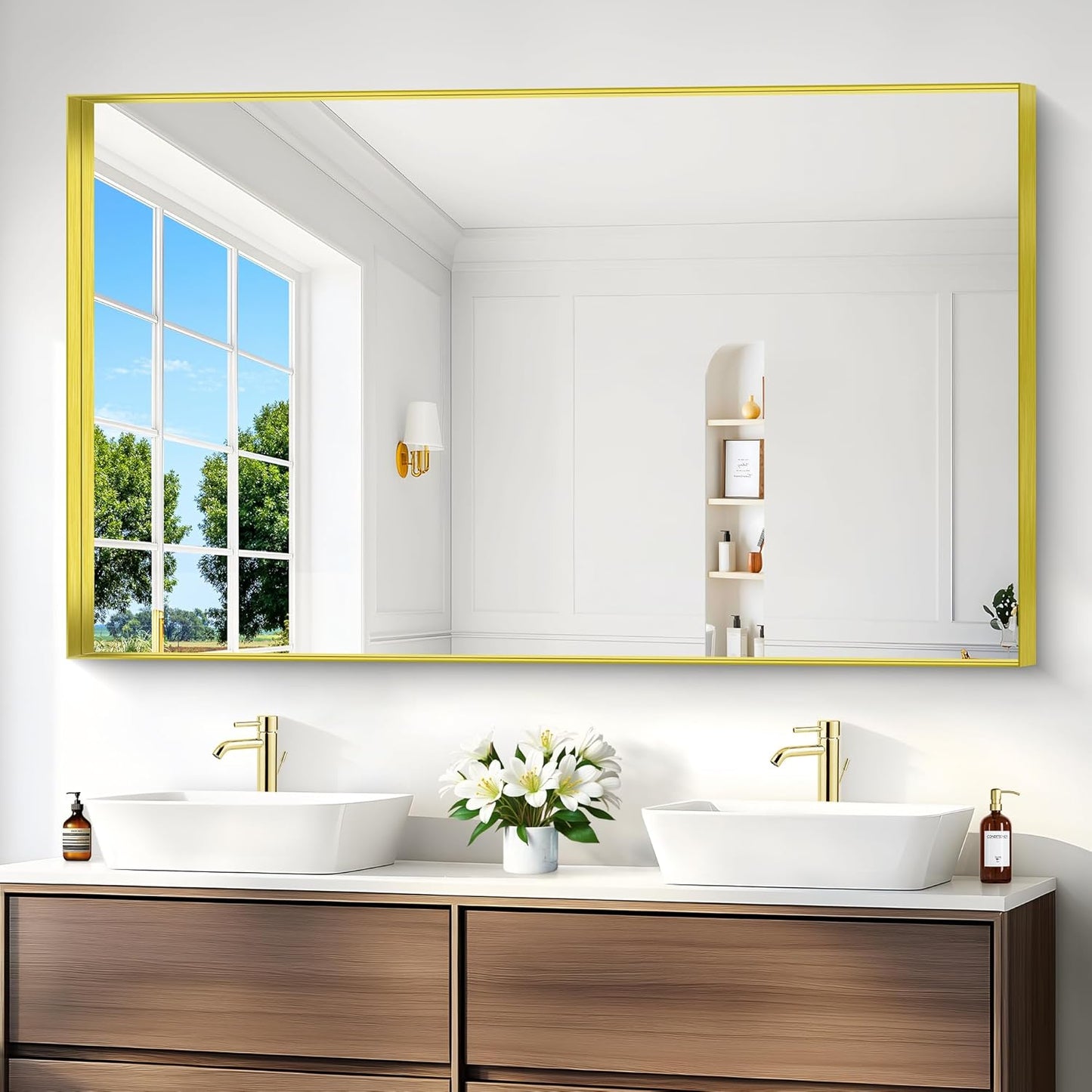 Gold Bathroom Mirror, 36x60 Inch Rectangular Deep Frame Mirror, Large Wall Mounted Bathroom Vanity Mirror Over Sink for Bedroom,Restroom, Living Room, Hangs Vertically or Horizontally