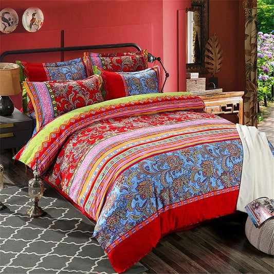 ABREEZE Bohemian Duvet Cover Set Colorful Red Boho Retro Bedding Set Damask Paisley Cotton Duvet Cover Tribal Reversible Bedding Exotic Style Comforter Cover 3-Piece King