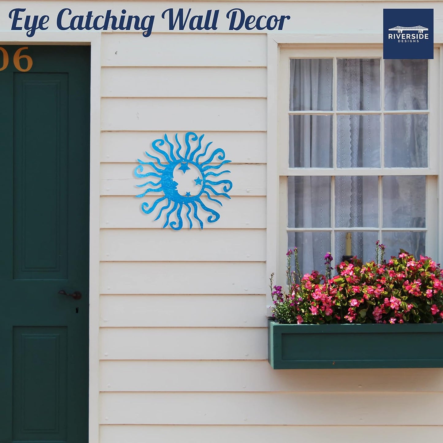 Riverside Designs Wacky Solar Moon Metal Wall Art Steel Outdoor Decor | Heavy-Duty and Waterproof | Made in USA (Teal, 36L x 36W)