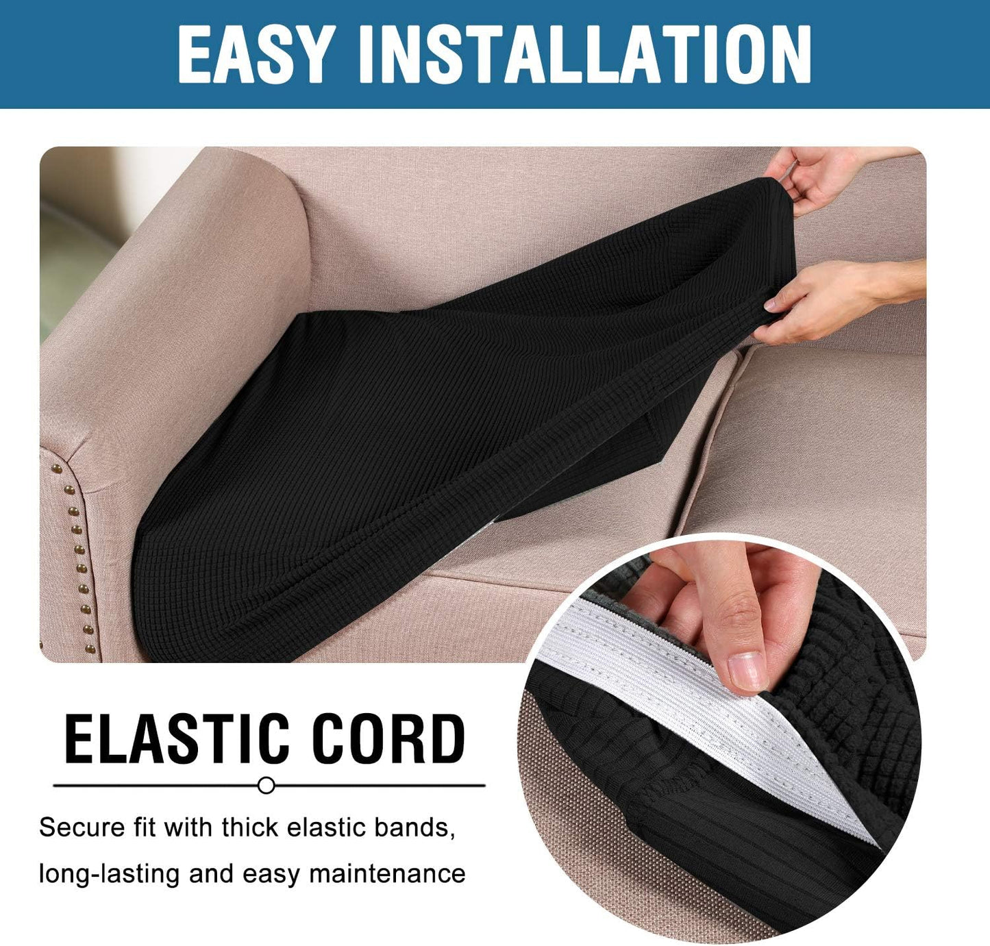 H.VERSAILTEX Super Stretch Individual Seat Cushion Covers Sofa Covers Couch Cushion Covers Slipcover Sets Thick Jacquard Textured Twill Fabric (2 Piece Medium Sofa Cushion Covers, Black)