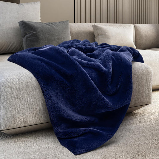 Mon Chateau Luxury Ultimate Plush Faux Fur Throw with 6cm Foldover for Couch, Sofa, or Bed - Plush Ultra Soft Blanket for Sleeping or Home Décor, 60" x 70"(Navy)