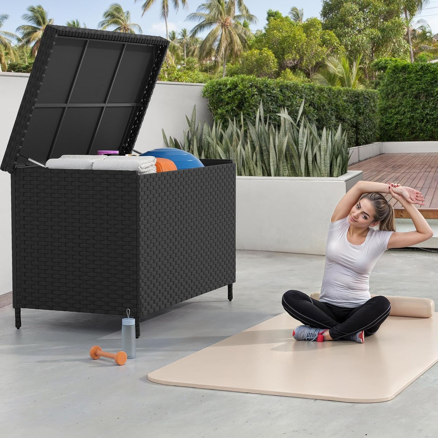 YITAHOME 230 Gal Outdoor Storage Box, XXL All-Weather Wicker Deck Box for Patio Furniture, Cushions, Pool Accessories and Garden Tools - Black