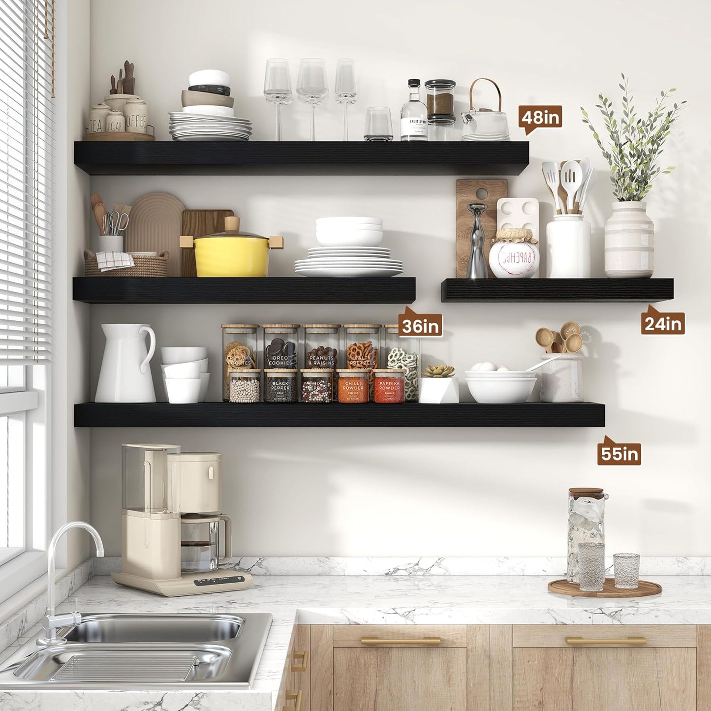 Heimlove 36 Inch Floating Shelves for Wall Set of 2,Black Wall Shelves for Storage & Decor - Heavy Duty with Invisible Brackets,Perfect for Living Room,Bedroom,Home Office