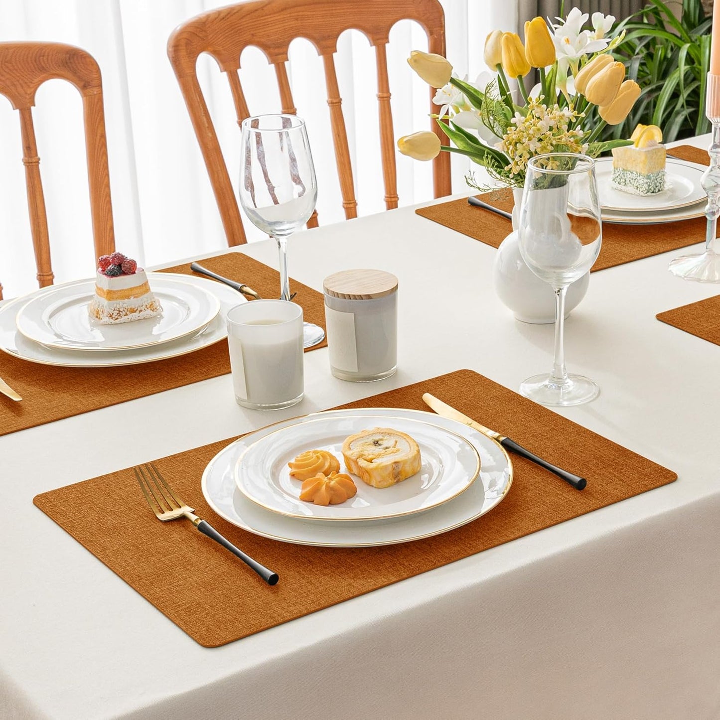 Romanstile Fall Vinyl Placemats Set of 4-12 X 18 Inch - Heat Resistant Place Mats 100% Waterproof Oilproof Wipeable Reversible Faux Leather Table Mats for Kitchen/Dining/Party/Outdoor, Orange