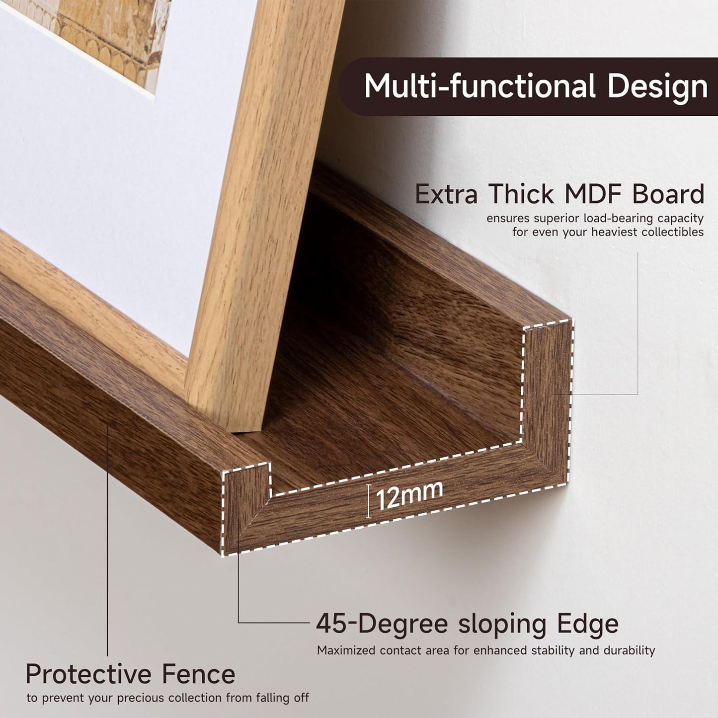 Picture Ledge Shelf for Wall, Floating Shelves Set of 4, 36 Inch Long Nursery Book Shelves for Toys Storage, Kids Bookshelf Wall Mounted for Books Photo Frames, Walnut