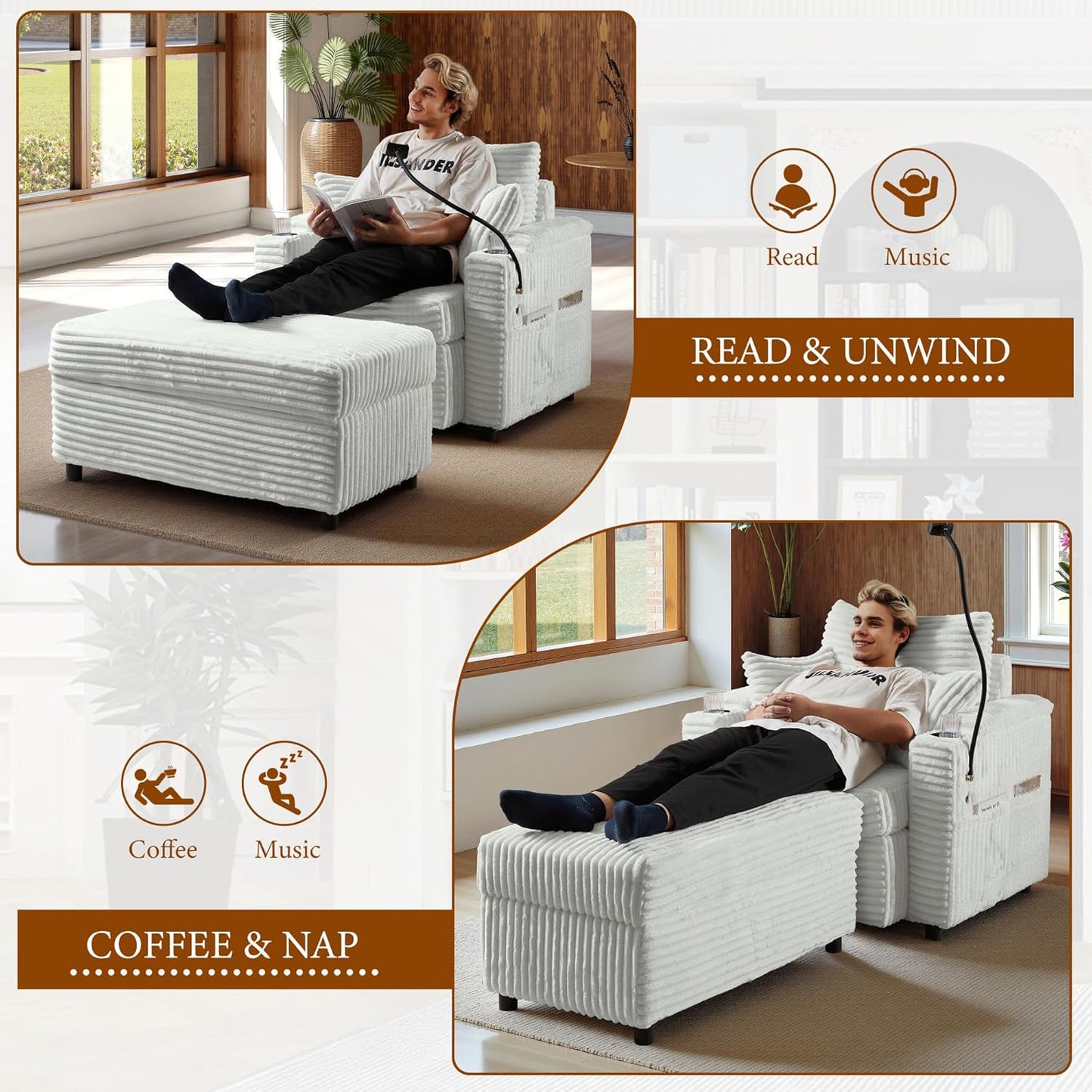 Accent Chair with Storage Ottoman Upholstered Living Room Chairs for Reading Chair with Chaise Lounge Chairs Indoor, Comfortable Armchair for Bedroom