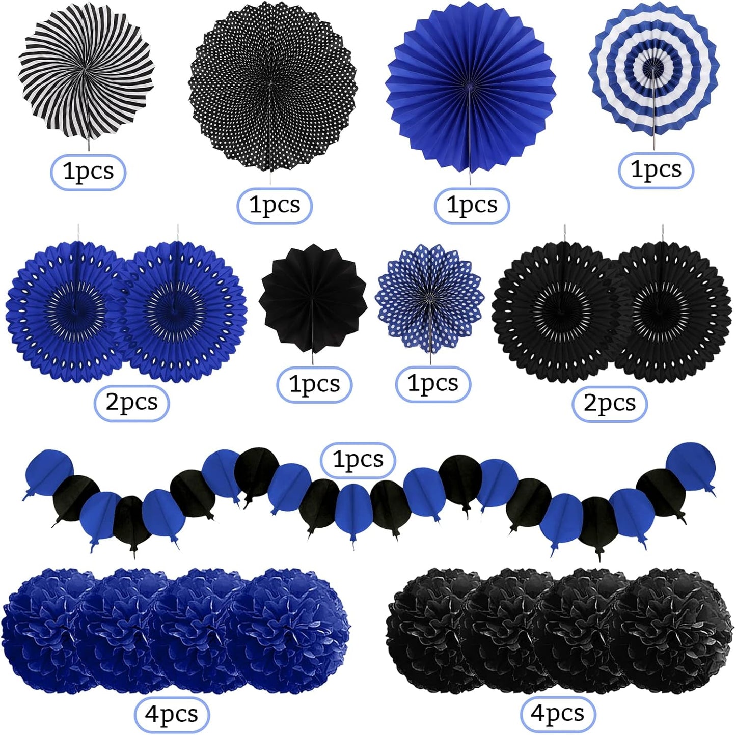 Party Decorations, Black Navy Blue Papar Fans Pompoms Garlands for Men Boy Fathers Day Graduation Wedding Birthday Party Decoration