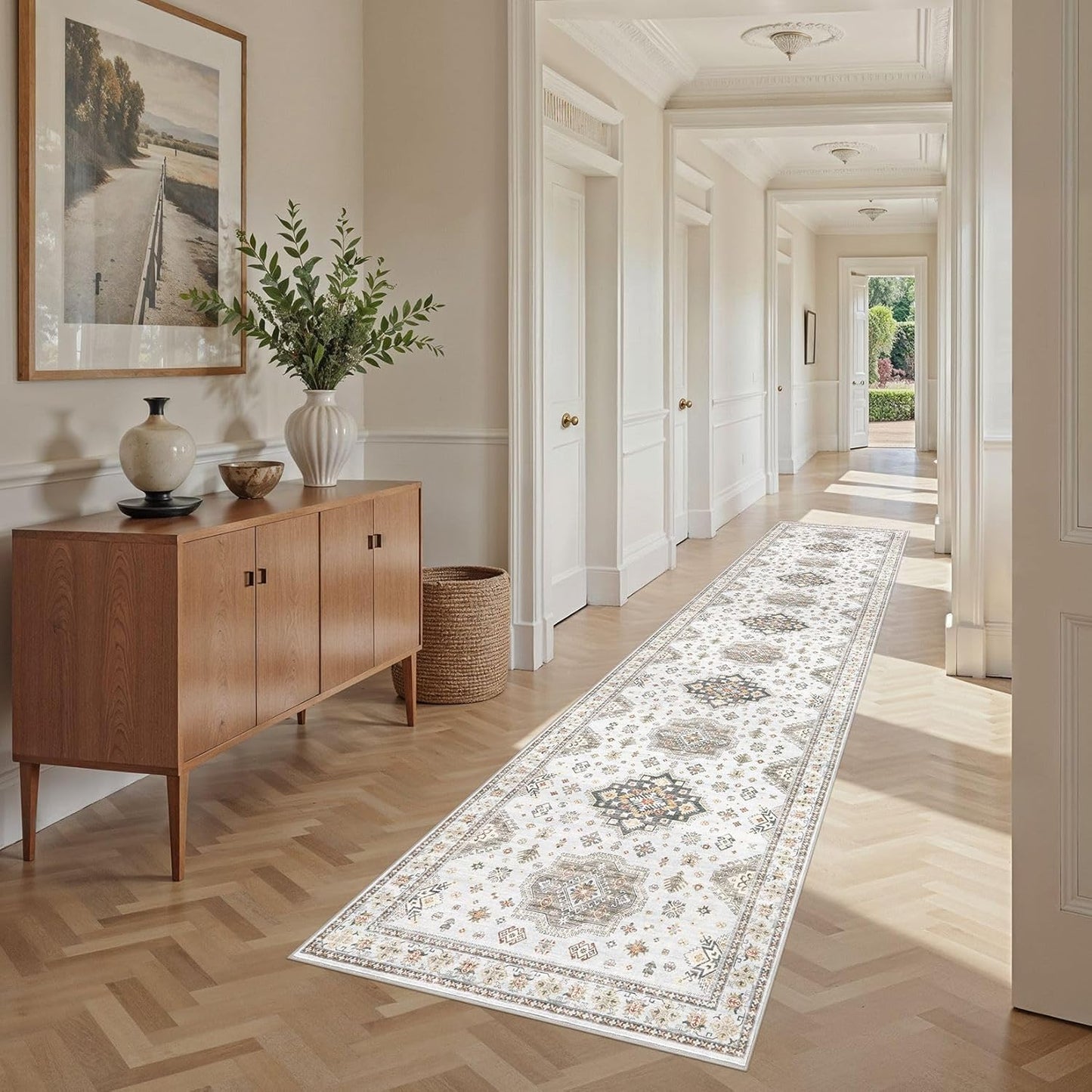 Washable 2.6x12 Runner Rug - Area Rugs Neutral Vintage Distressed Floral Farmhouse Boho Large Soft Floor Rug Indoor Carpet for Hallway Entryway Kitchen Home - Blue Brown