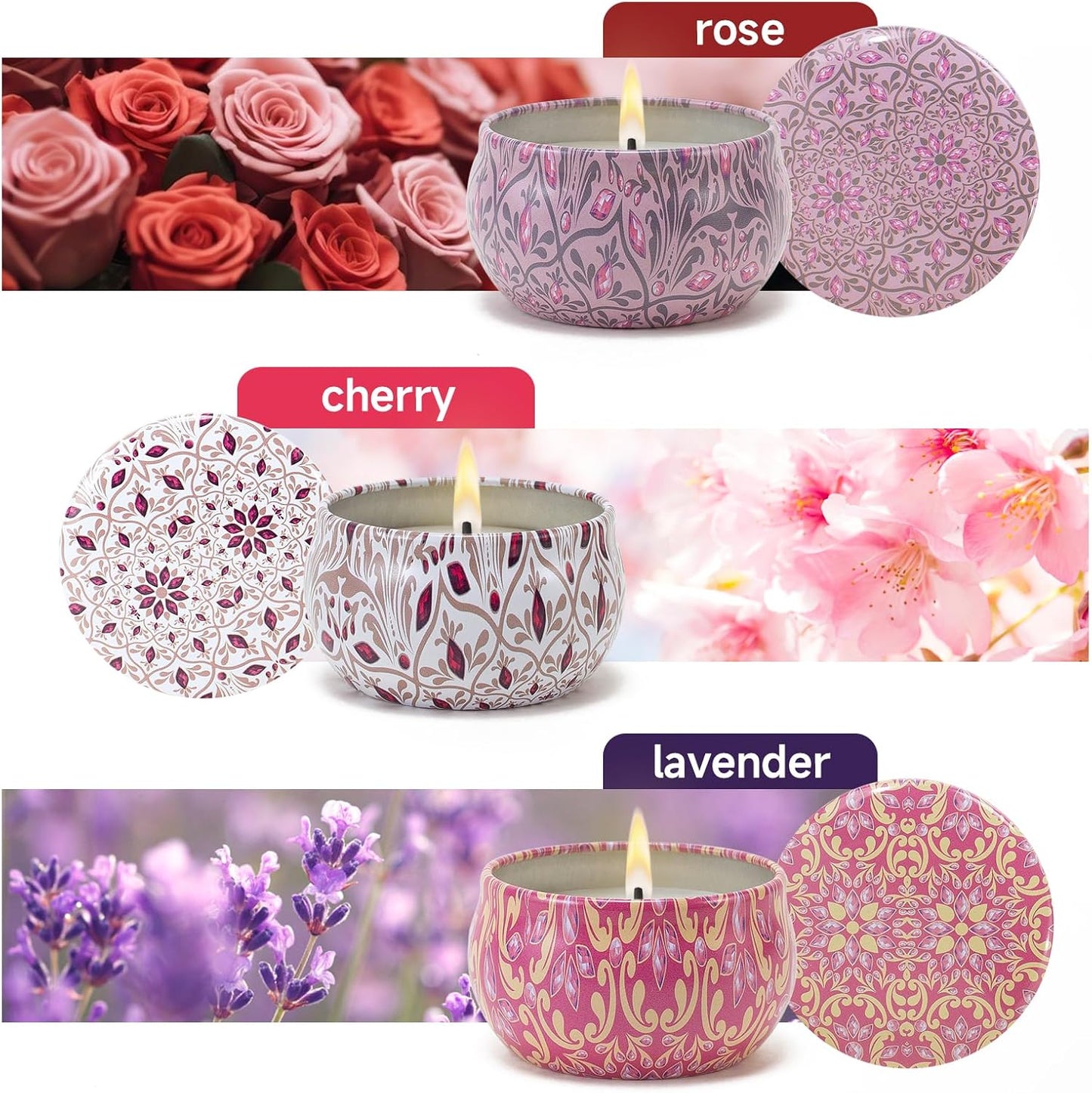 Candles Gifts for Women 3 Pack 2.5 oz Natural Floral Lavender Cherry and Rose Candles Set, Aromatherapy Candles for Home Scented, Portable Small Jar Candles Set for Travel, Spa, Bath, Yoga