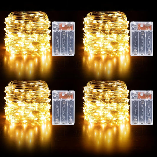 Fairy Lights Battery Operated String Lights 16.4ft 50LED Flashing and Constant Light Waterproof Silver Wire for Christmas DIY Party Bedroom Wedding (Warm White, 4 Pack)