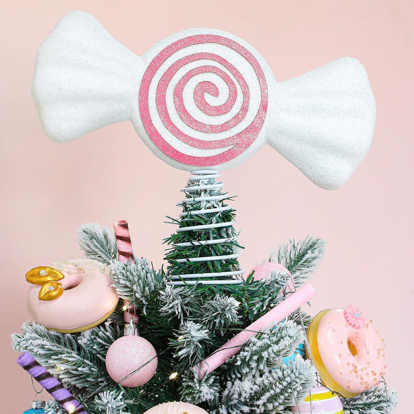 Retisee 9.8 in Large Pastel Candy Christmas Tree Topper Pink Candy Swirl Treetop Pink Pastel Candycane Christmas Ornaments for Xmas New Year Birthday Party Tree Decorations