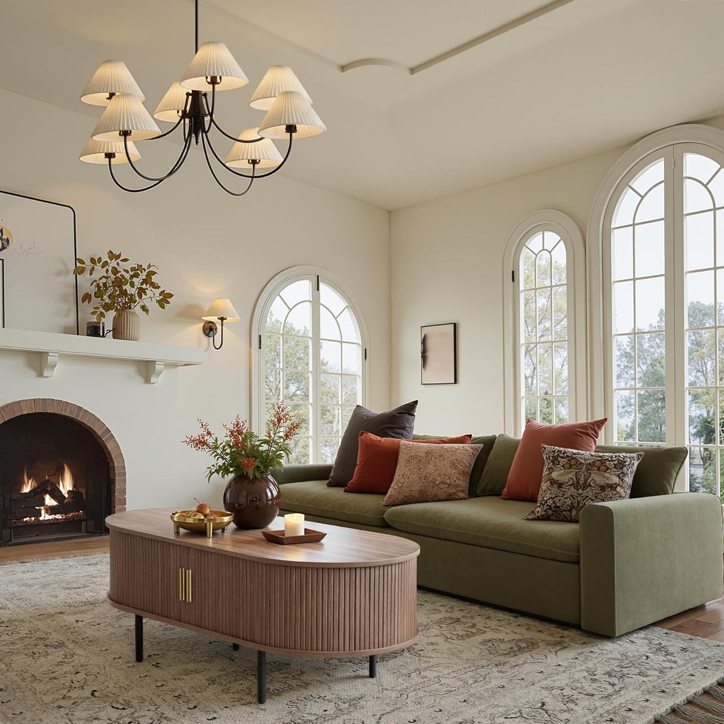 Mid Century Modern Coffee Table, 47.2" Oval Fluted Coffee Table with Storage and Sliding Doors, Minimalist Tea Table with Wood Grain Veneer, Retro Center Tables for Living Room, Walnut