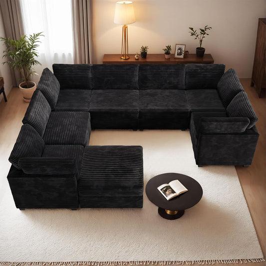 HOOOWOOO Modular Sectional Sofa,8 Pieces Sectional Couches for Living Room,131X98 G Shaped Cloud Couch with Ottoman Chaise(Black Velvet Corduroy)