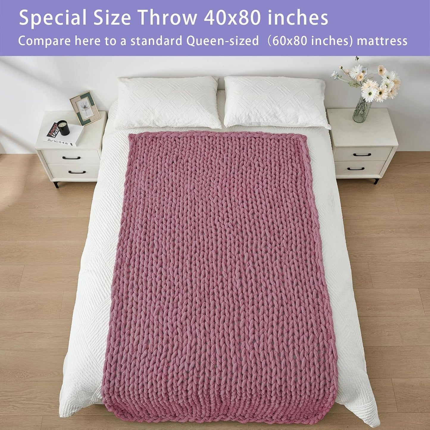 Bigacogo Chunky Knit Throw Blanket for Couch, 40x80 inches, 100% Hand Knitted with Thick Jumbo Chenille Yarn, Cozy Soft Large Rope Knot Cable Crochet Blankets for Sofa Bed Living Room, Burnt Rose