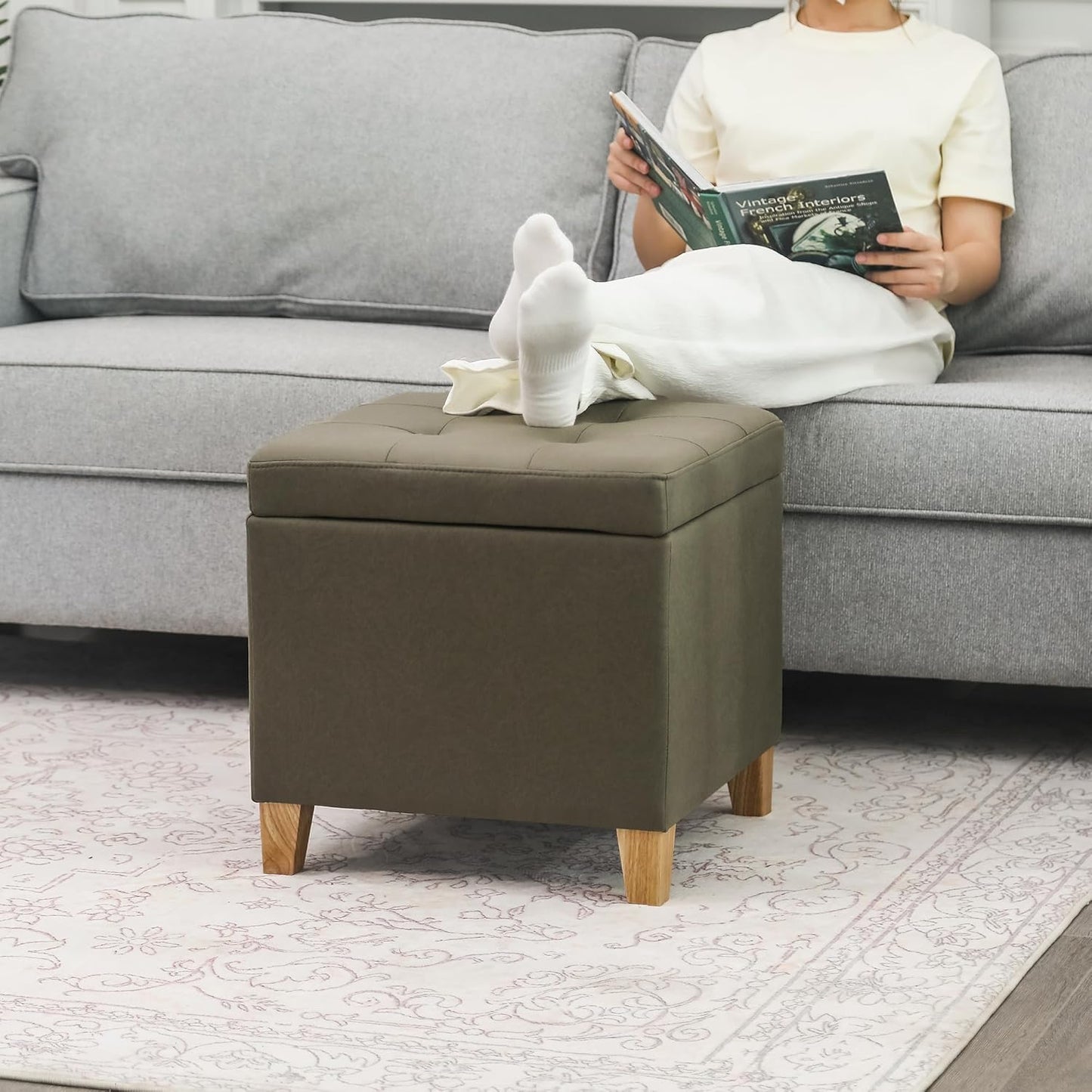 Adeco Fabric Storage Ottoman Bench with Solid Wood Legs, 17.7" Square Olive Green Leathaire Cube Foot Stool, Upholstered Button Tufted Vanity Chair with Hinged Lid for Living Room, Bedroom, Dorm