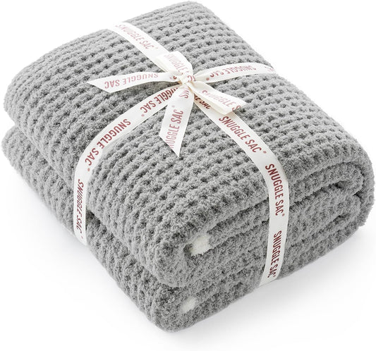 Snuggle Sac Soft Waffle Blanket, Grey Bedding Blankets Queen Size 90x90 inches, Reversible Microfiber Fluffy Fuzzy Grey Blanket Cozy Knit Blanket for Women Mothers Birthday Gifts