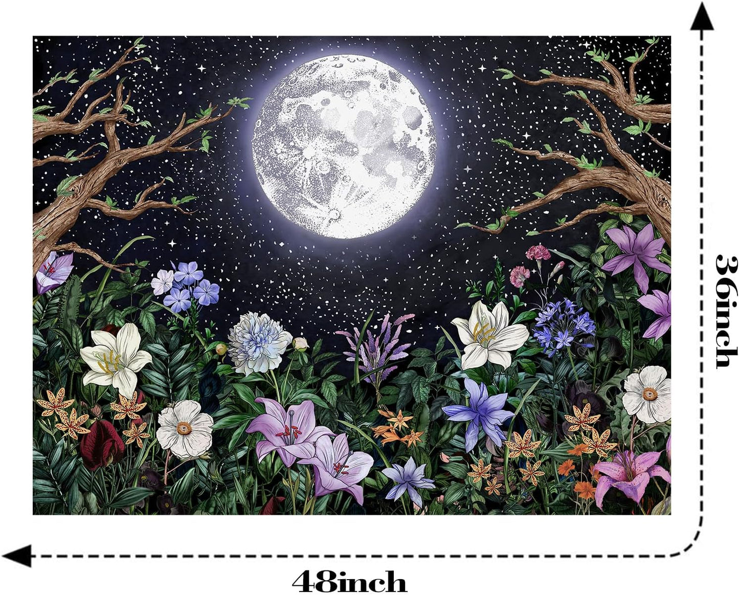 Neasow Aesthetic Moon Garden Tapestry Wall Hanging, Night Landscape with Colorful Plants Floral Tapestries for Bedroom Home Decor Multi Color 36×48 inch (90cm×120cm)