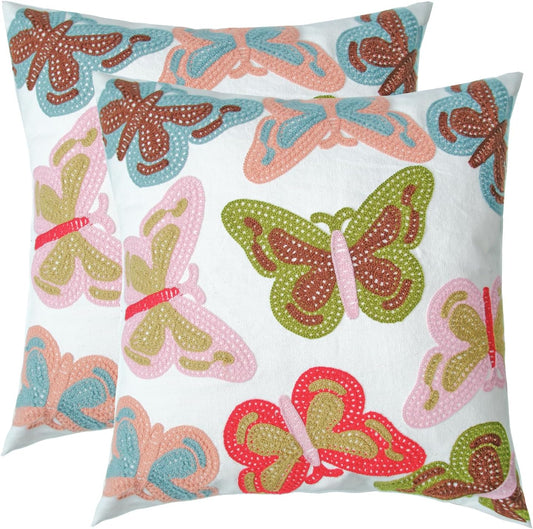 Embroidered Decorative Throw Pillow Cover, 18"x18" Set of 2, Farmhouse Pillowcase Colorful Butterfly Knit Pattern Cotton Canvas Cushion Case Square Floral Pillow Case for Sofa Couch Bed Living Room