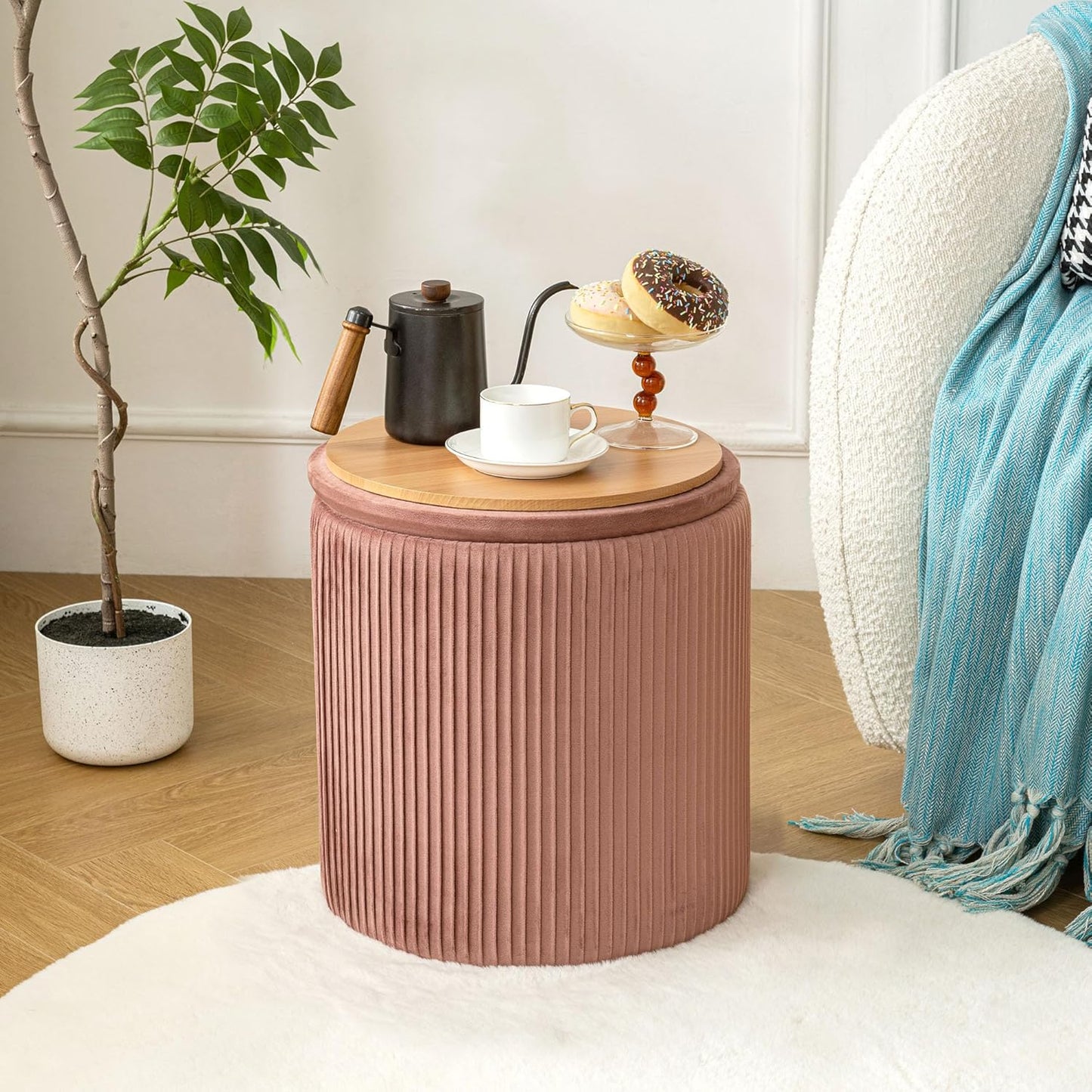 Ottoman with Storage Set of 2, Velvet Storage Ottoman, Upholstered Sponge Vanity Stool Support 300lbs, Multifunctional Coffee Table Foot Rest Ottomans for Living Room Bedroom, Pink