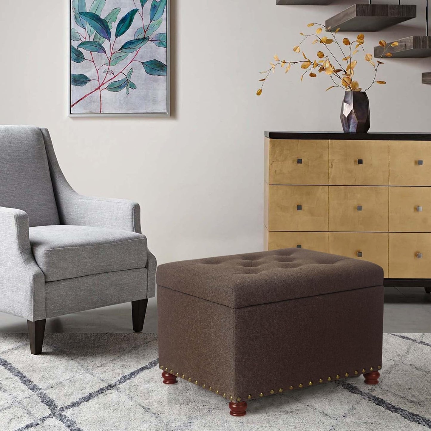 Joveco Storage Ottoman Linen Tufted Bench, Rectangular Footrest Footstool Coffee Table Seat for Living Room Bedroom, Coffee