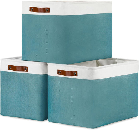 DULLEMELO Large Storage Basket, Collapsible Storage Bins Decorative Storage Baskets for Home Shelves Bedroom, Linen Fabric Basket with Leather Handles for Toys Books Organizing(White&Teal