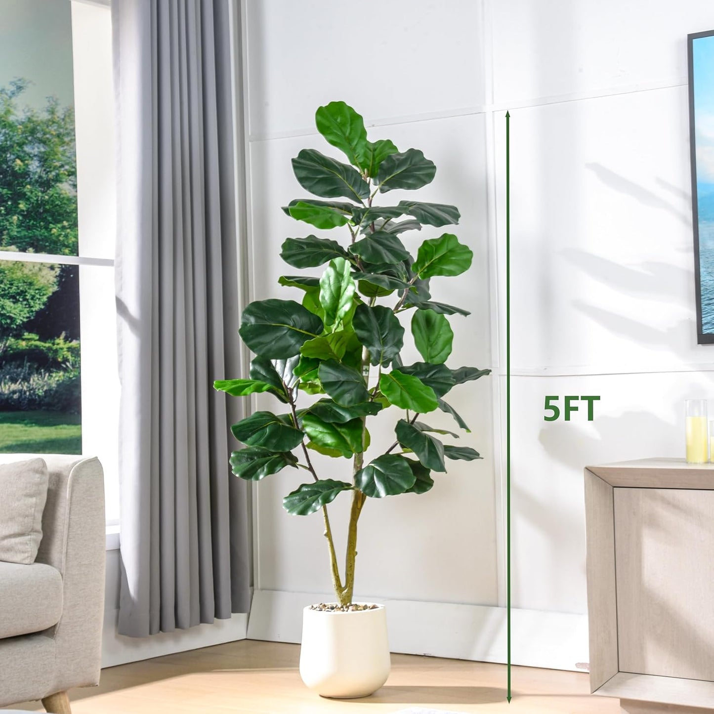 Artificial Fiddle Leaf Fig Tree 5FT, Large Realistic Faux Ficus Lyrata Plant with Pot Large Faux Plant for Indoor Outdoor Home, Office, Living Room, Bathroom Decor