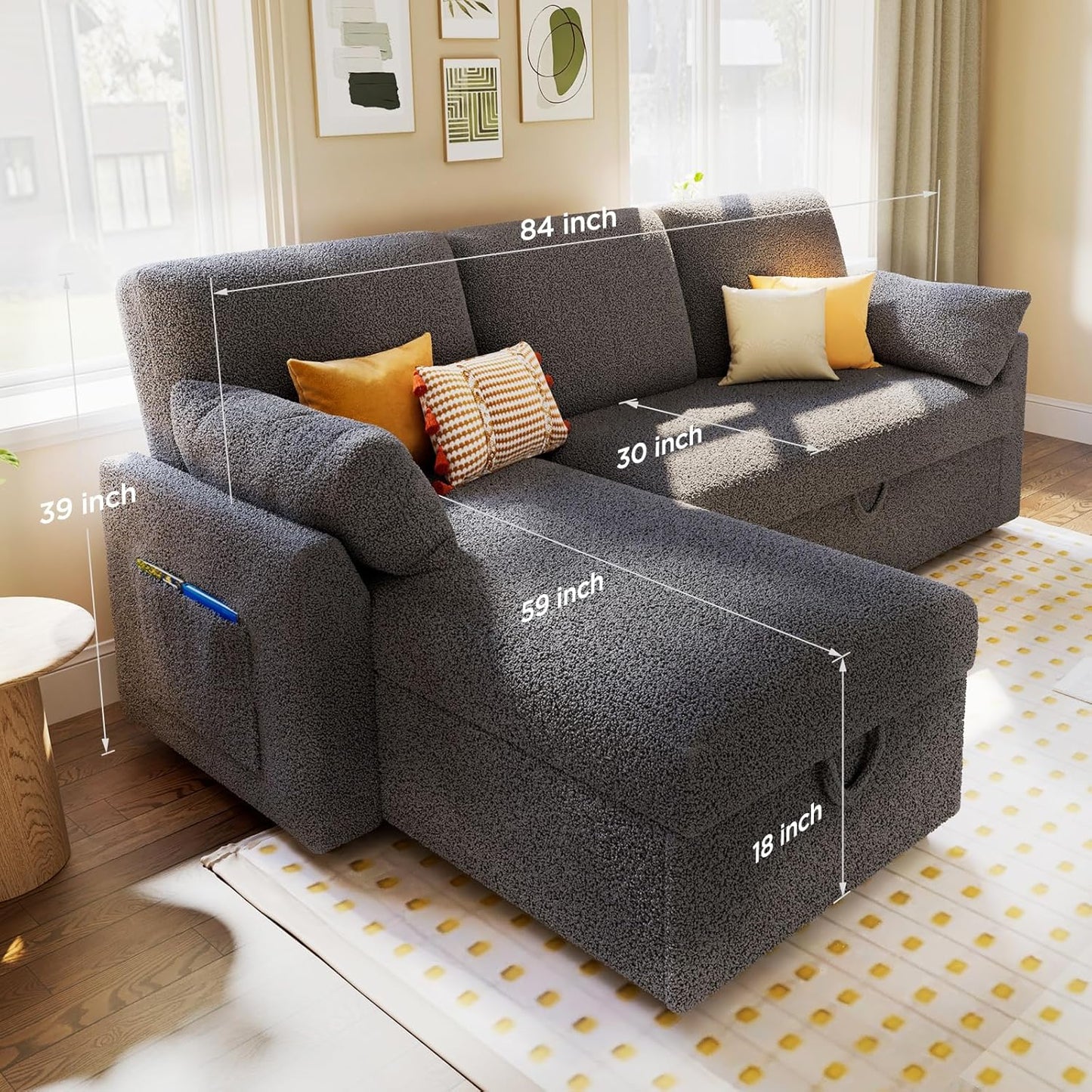VanAcc Sofa Bed, Sleeper Sofa with Storage Chaise- 2 in 1 Pull Out Couch Living Room, Comfy Sleeper Couch, Grey Boucle