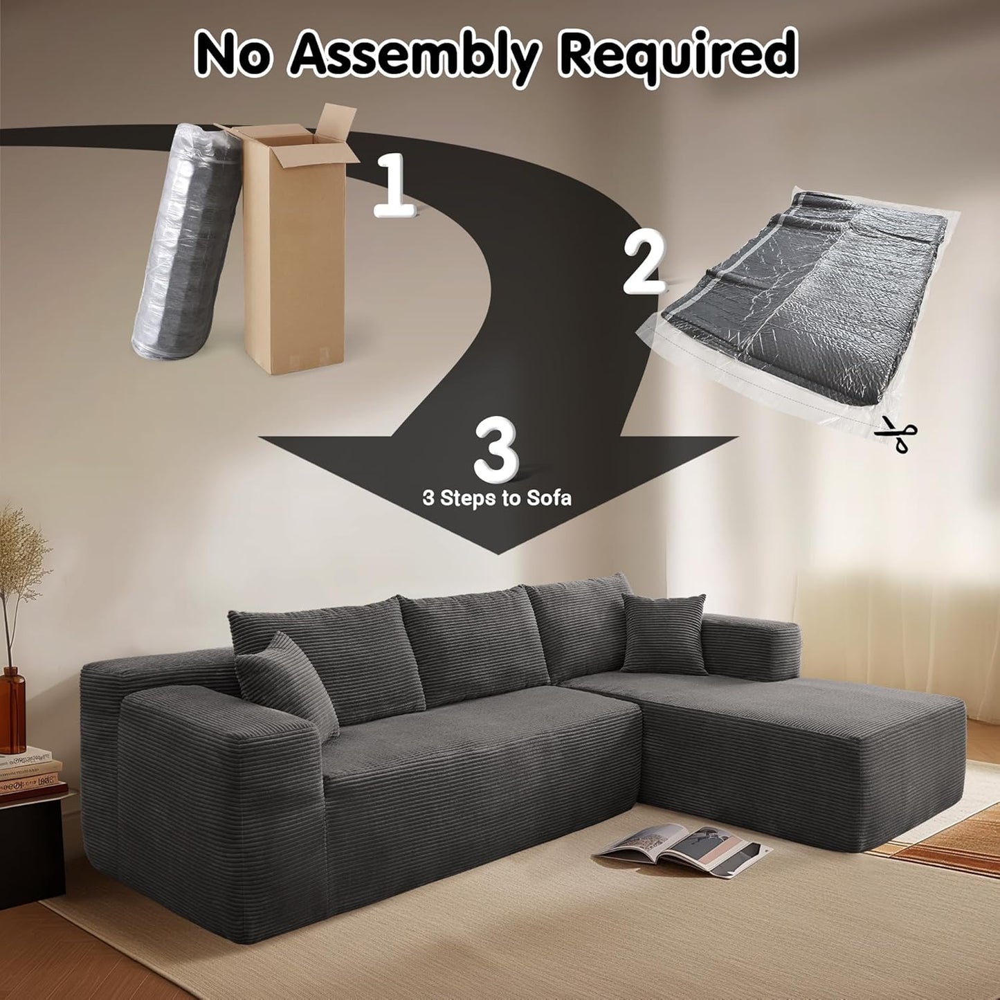 ovios 104" Cloud Sectional Couch with L-Shape Chaise,Modern Modular Sofa with Deep Seat, Upholstered Couches for Living Room Bedroom,No Assembly Required, Grey (Corduroy Fabric)