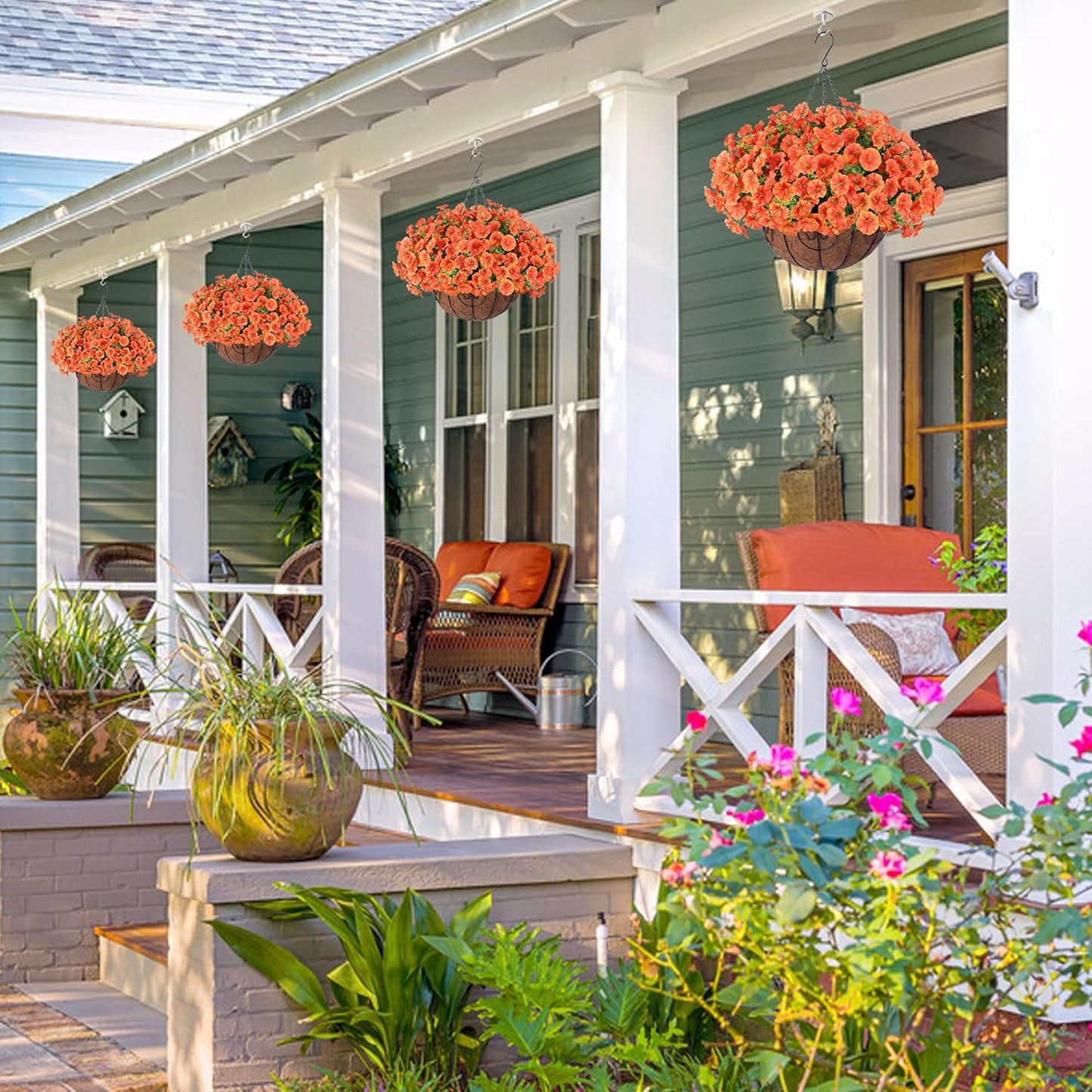 Artificial Fall Flowers Fake Hanging Plants Flowers Basket for Outdoors Autumn Decoration, Orange Silk Morning Glory with Eucalyptus Look Real UV Resistant Faux Flowers for Outside Porch Patio Balcony