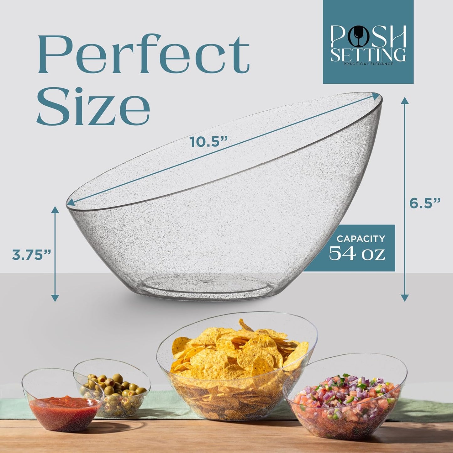 Posh Setting - Silver Plastic Serving Bowls Angled & Candy - Salad & Fruit Serving Bowls Wedding - 8 OZ, Glitter, 5 Pack