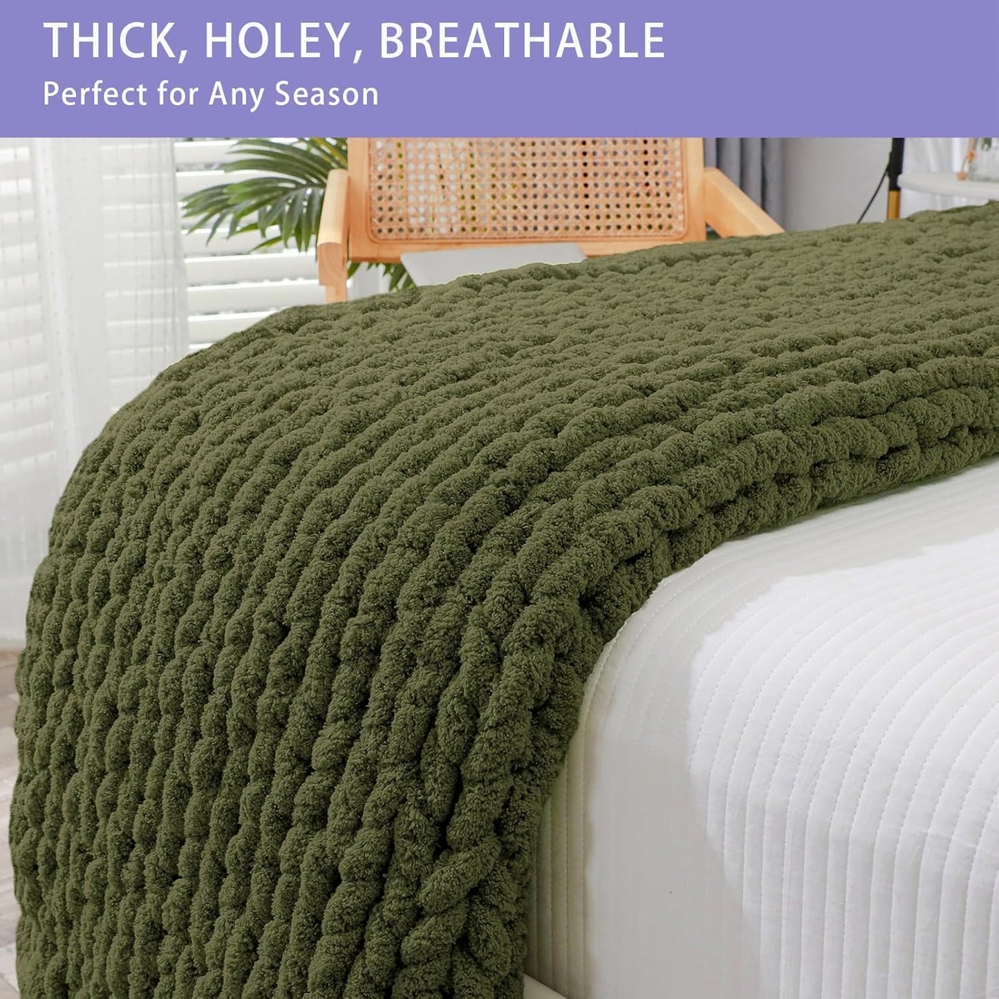 Bigacogo Chunky Knit Throw Blanket for Couch, 40x60 inches, 100% Hand Knitted with Thick Jumbo Chenille Yarn, Cozy Soft Large Rope Knot Cable Crochet Blankets for Sofa Bed Living Room, Yellow Green