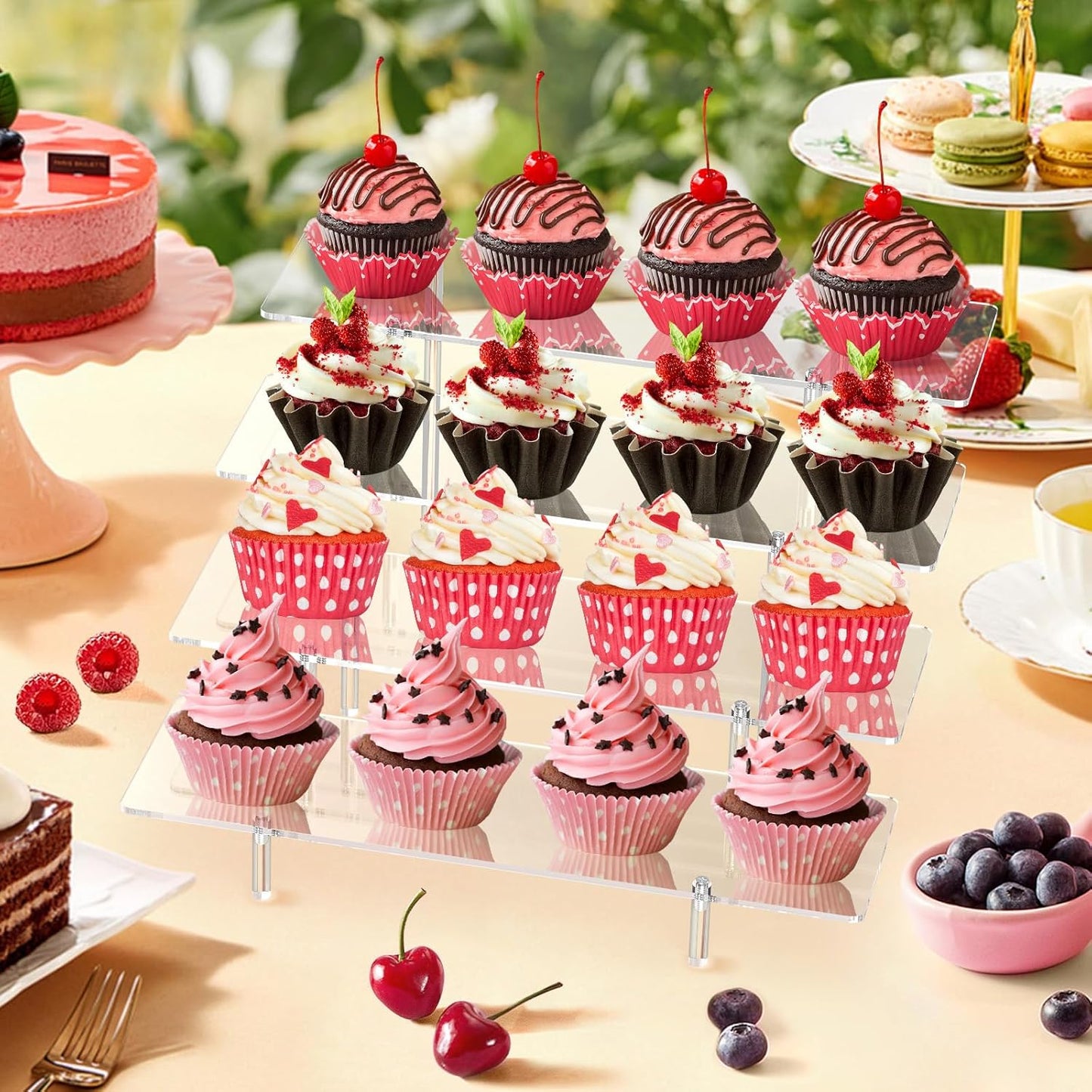 Acrylic Display Riser Stand Shelf Clear 4 Tier Cupcake Stand Perfume Display Holder Figures Desktop Decoration and Organizer Showcase Toys Retail Display Rack Candy Dessert Buffet 4 Steps Collection