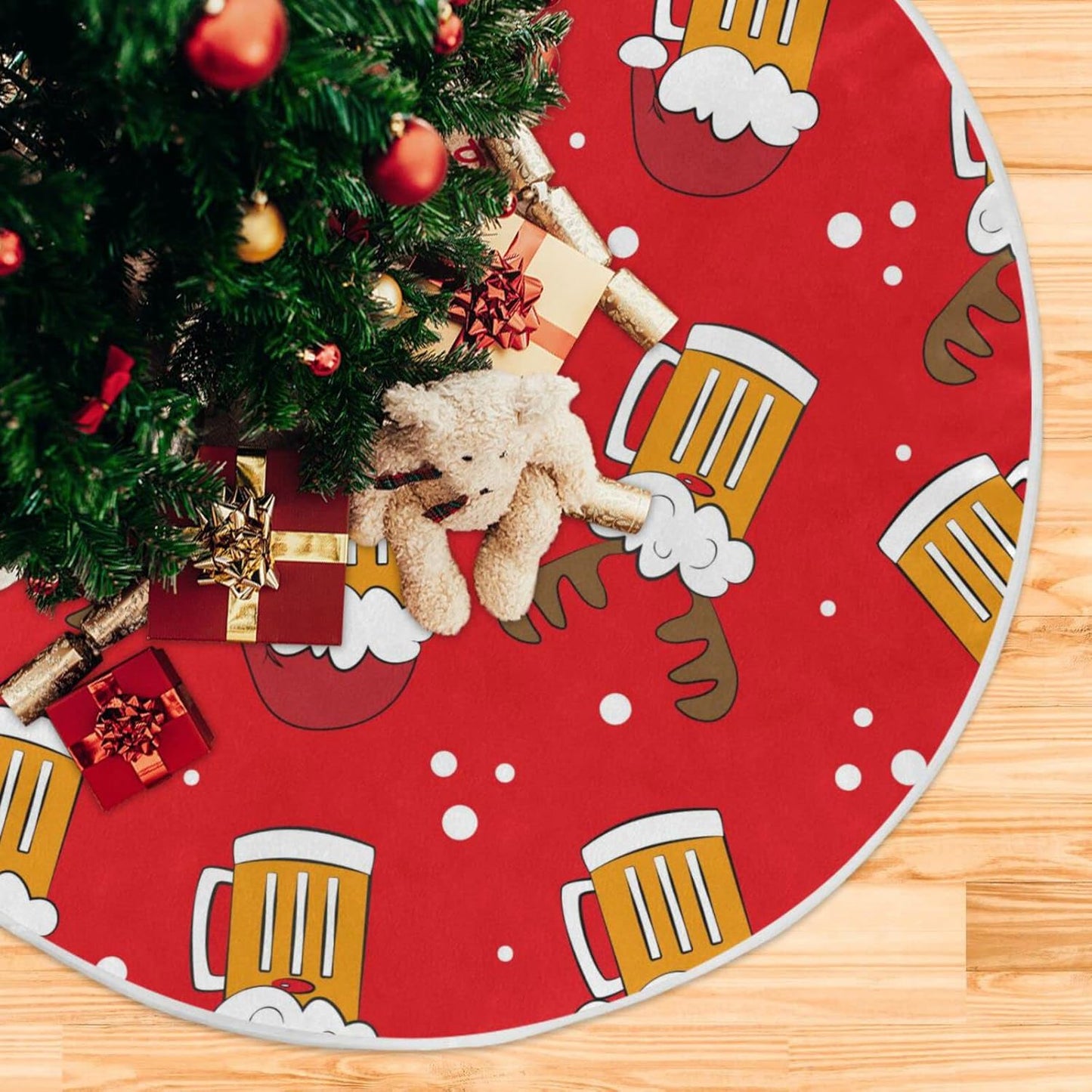 Christmas Funny Beer Tree Skirt, Seasonal Tree Mat Holiday Party Supplies Ornaments Indoor Outdoor Decorations for Tabletop Trees 35.4 Inches