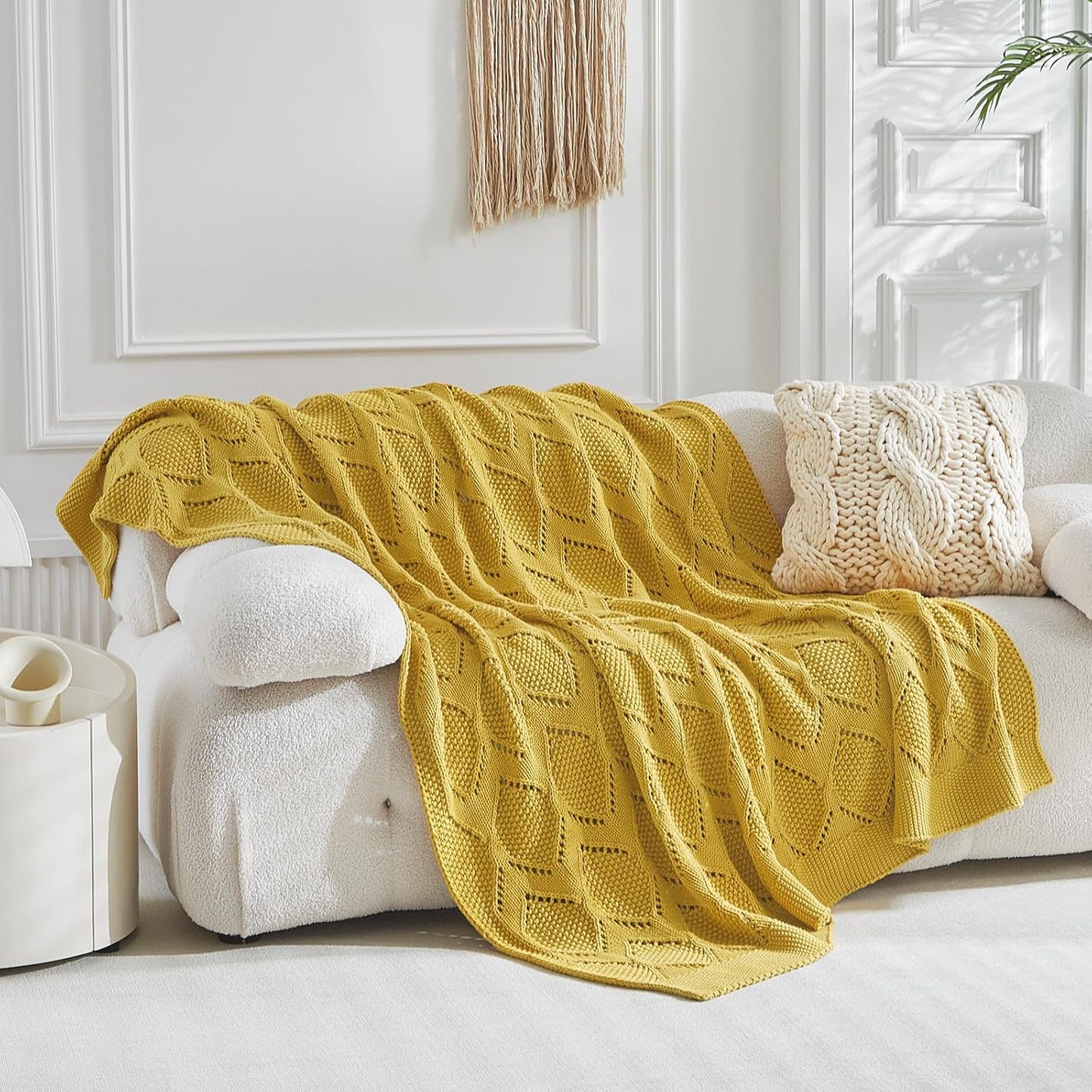 Longhui bedding Chunky Cotton Knit Throw Blanket for Couch, Sofa, Bed, or Chair, Decorative Breathable Fall Cable Knit Blanket 51 x 63 Inches, Medium Weight Mustard Yellow