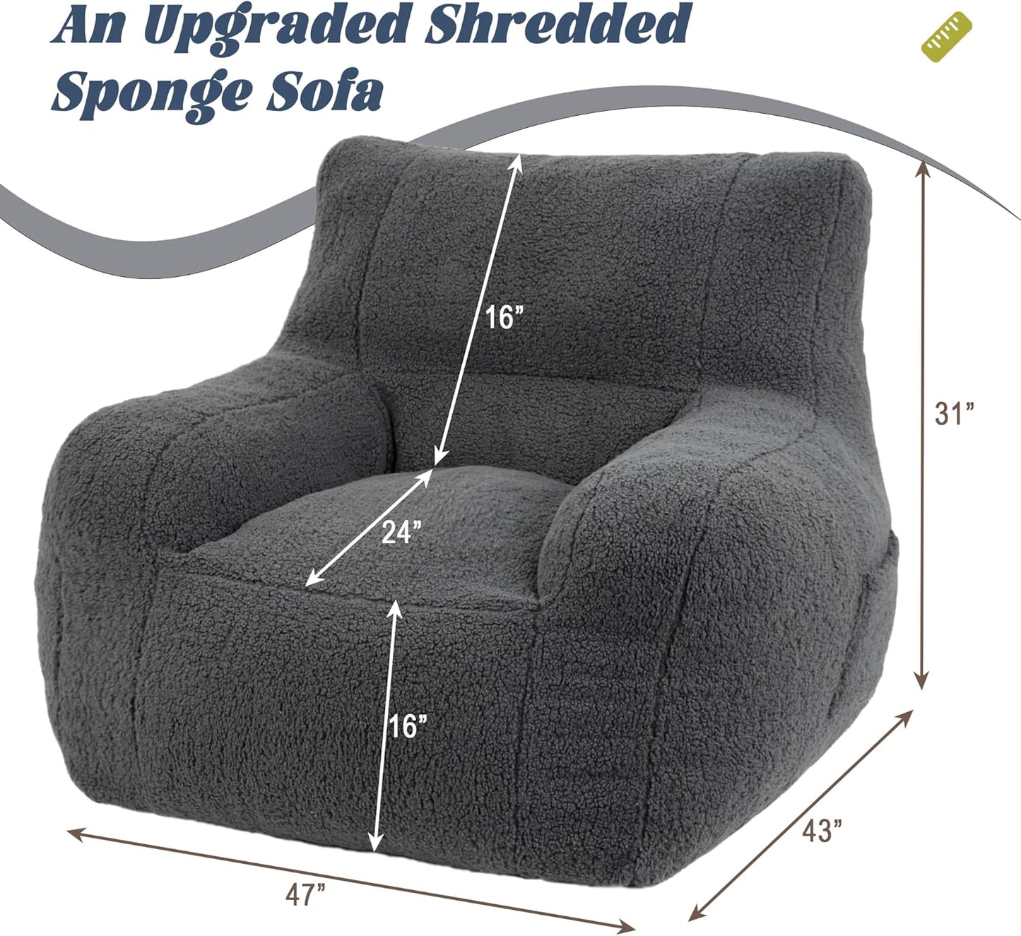 Giant Bean Bag Chair, Lambswool Bean Bag Chair for Adults, Soft Bean Bag High-Density Foam Filled, Grey Comfortable Been Bag for Bedroom, Playroom.