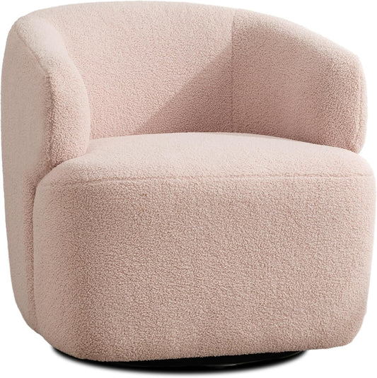 Swivel Accent Chair, Sherpa Teddy Barrel Chair for Living Room, Cozy Round Boucle Arm Chair, Metal Base for Club Nursery Bedroom, Light Blush Pink