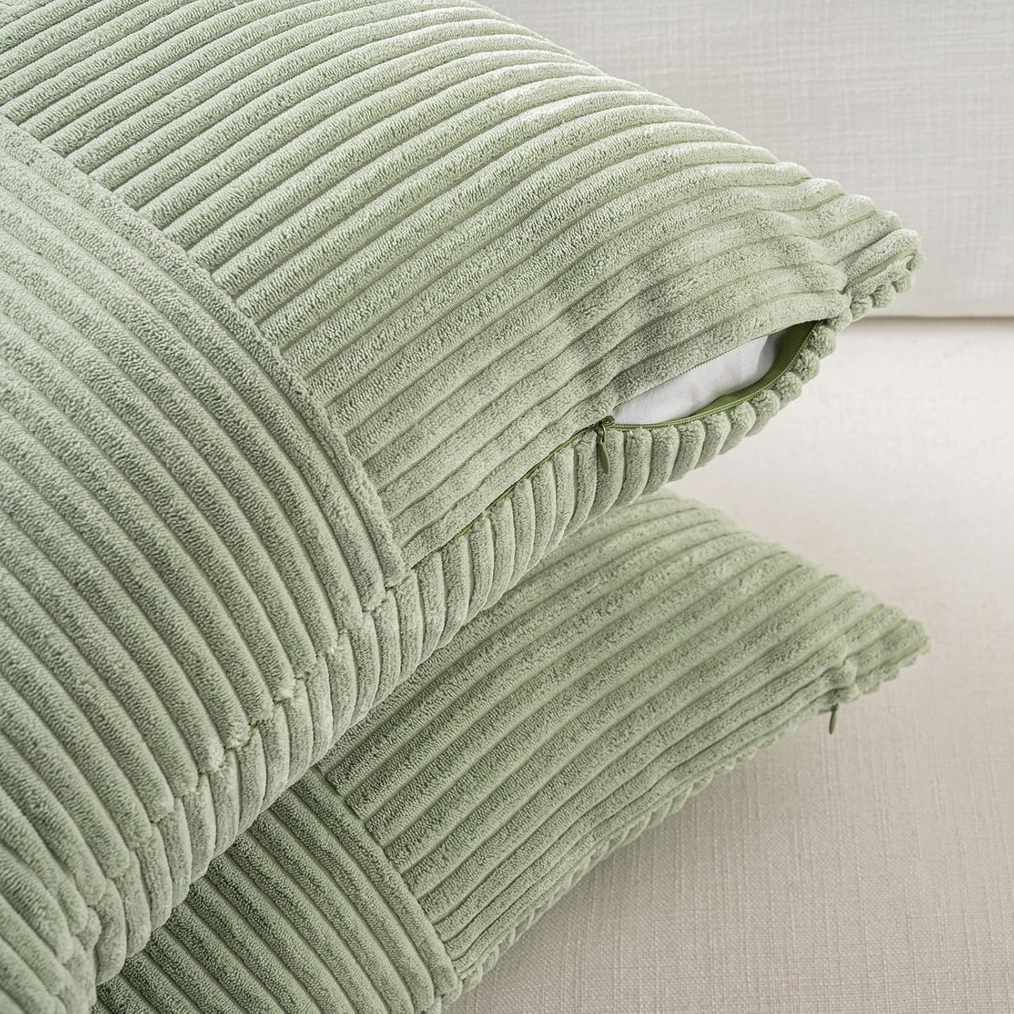 Fancy Homi Set of 2 Sage Green Boho Long Lumbar Body Decorative Throw Pillow Cover 14x36 Inch for Bed Couch Bedroom Bench, Soft Patchwork Corduroy Textured Pillow Case, Rustic Farmhouse Room Décor