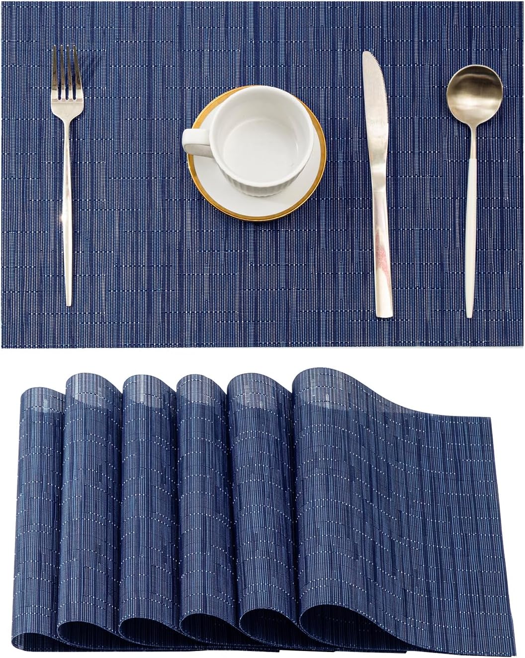 Leetaltree Blue Placemats Set of 6 - Heat Resistant Non-Slip Place mats for Dining Table, Washable Durable PVC Vinyl Woven Table Mats（Blue, 6）