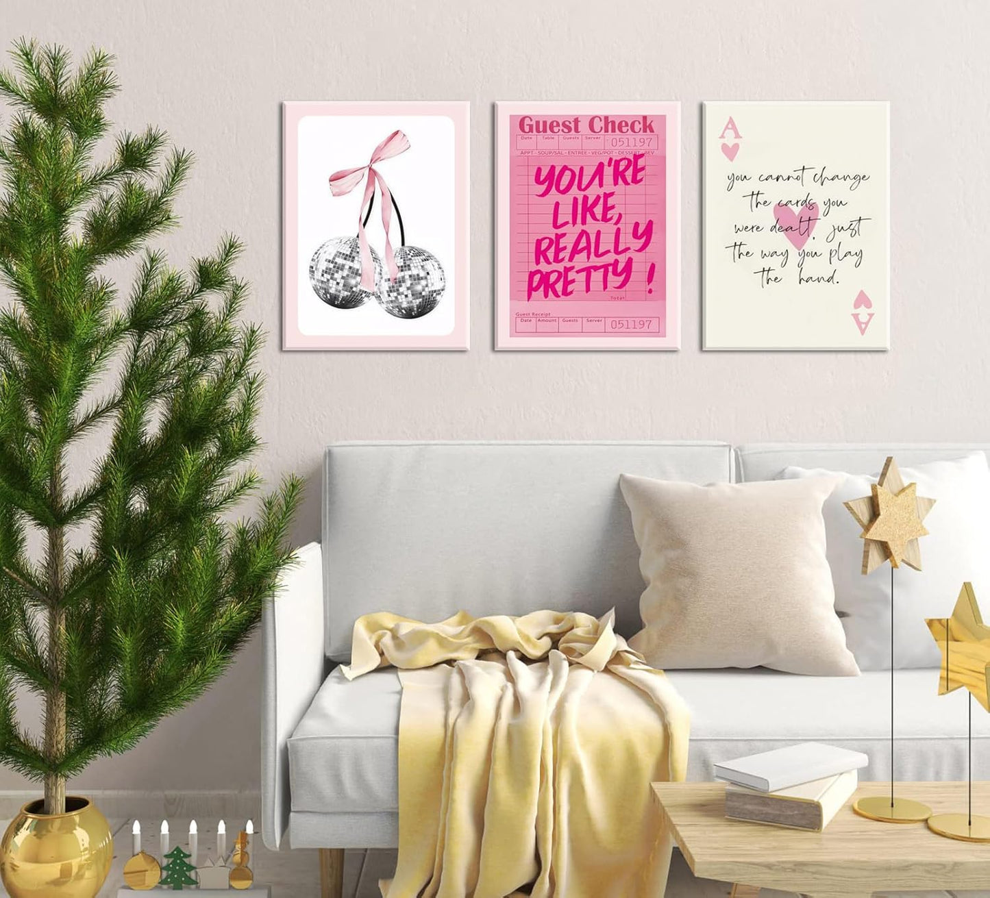 Pink Preppy Wall Art Framed Set of 3 Trendy Coquette Disco Cherry Posters Retro Guest Check Canvas Prints Poker Painting Positive Quote Pictures Room Decor Aesthetic for Girls Bedroom Dorm 16x24in