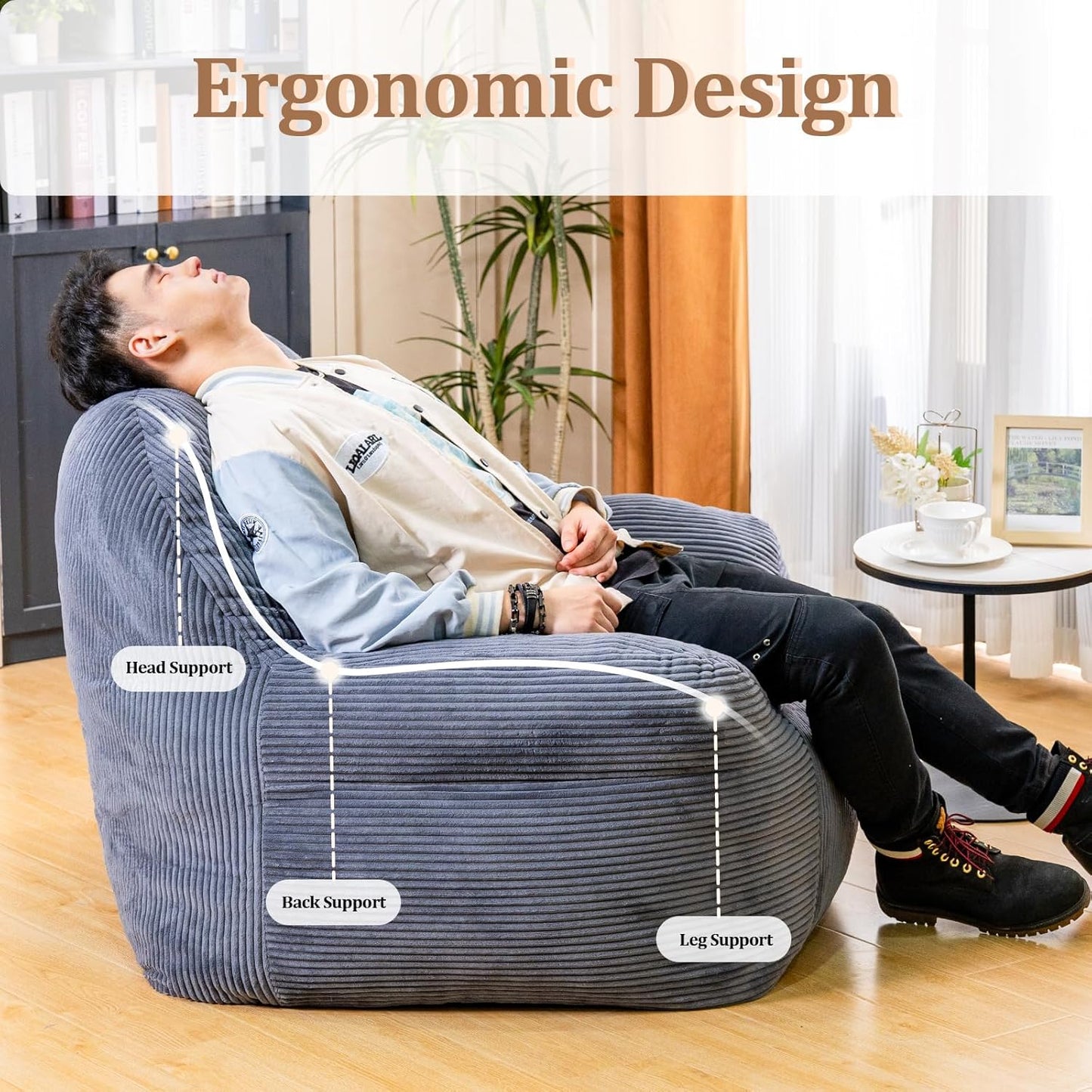 Giant Bean Bag Chair, Faux Fur Bean Bag Chair for Adults, Fluffy and Comfy Bean Bags with Filler, Big Bean Bag Sofa Chair for Reading, Gaming, Stuffed High-Density Foam, Grey