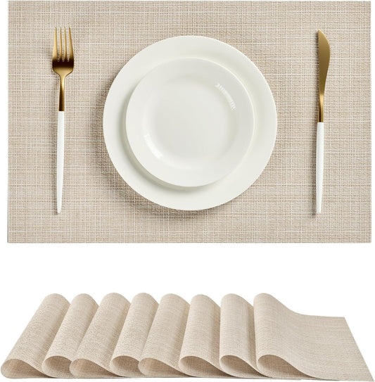 Leetaltree Beige Placemats Set of 8 - Heat Resistant Non-Slip Place mats for Dining Table, Washable Durable PVC Vinyl Woven Table Mats（Beige, 8）