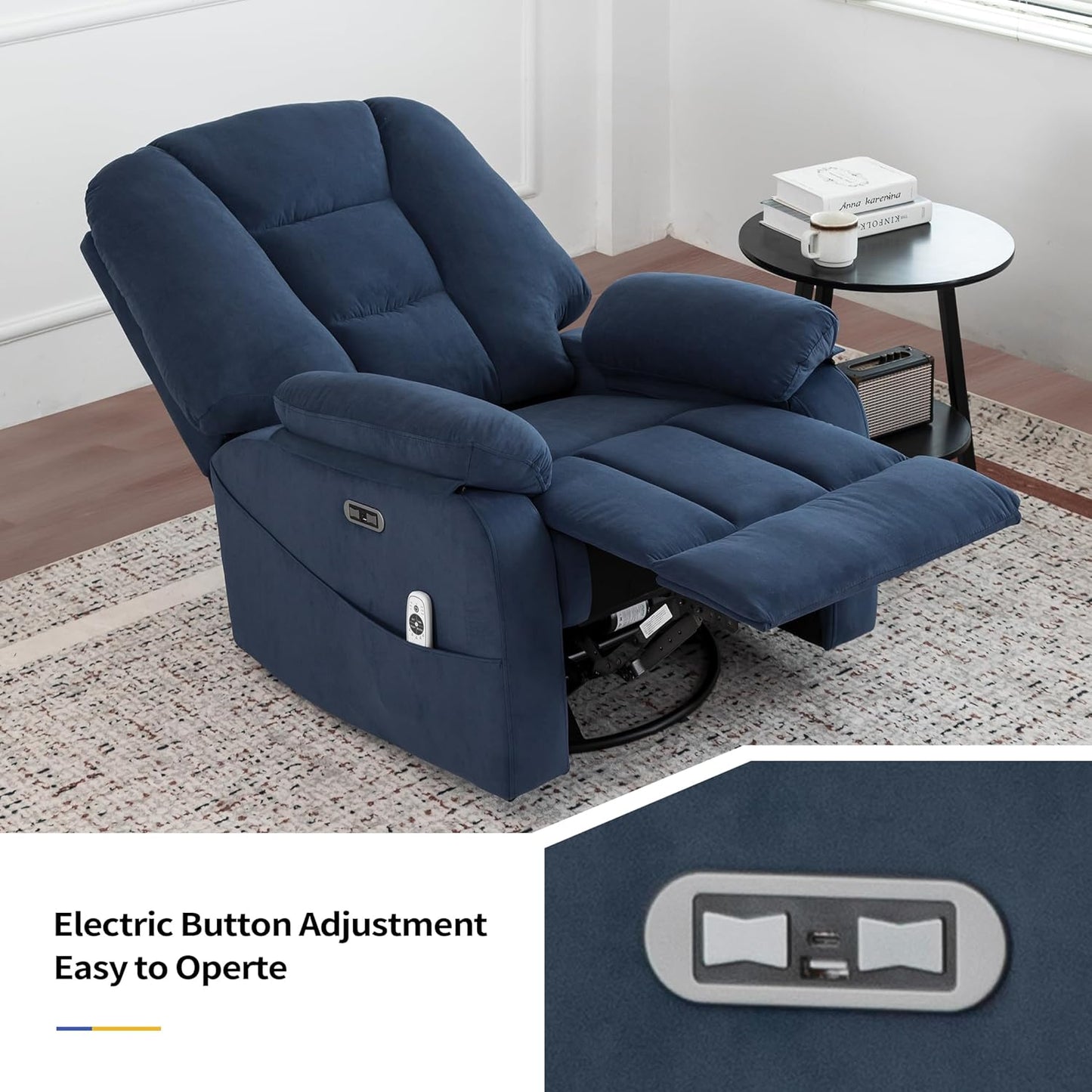 Power Swivel Rocker Recliner Chair for Adults,Rocking Recliners Chairs with Massage and Heat for Living Room, Electric Fabric Reclining Sofa Chair with USB and Type-C Port (Fabirc Blue)