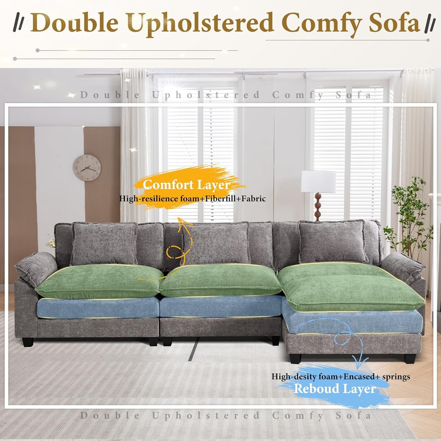 URRED Modular Sectional Sofa Comfy Cloud Couch, Modern Chenille Sofa Sleeper Deep Seat Couches with Ottoman/Pillows for Living Room (Gray, 117''- L Shape)