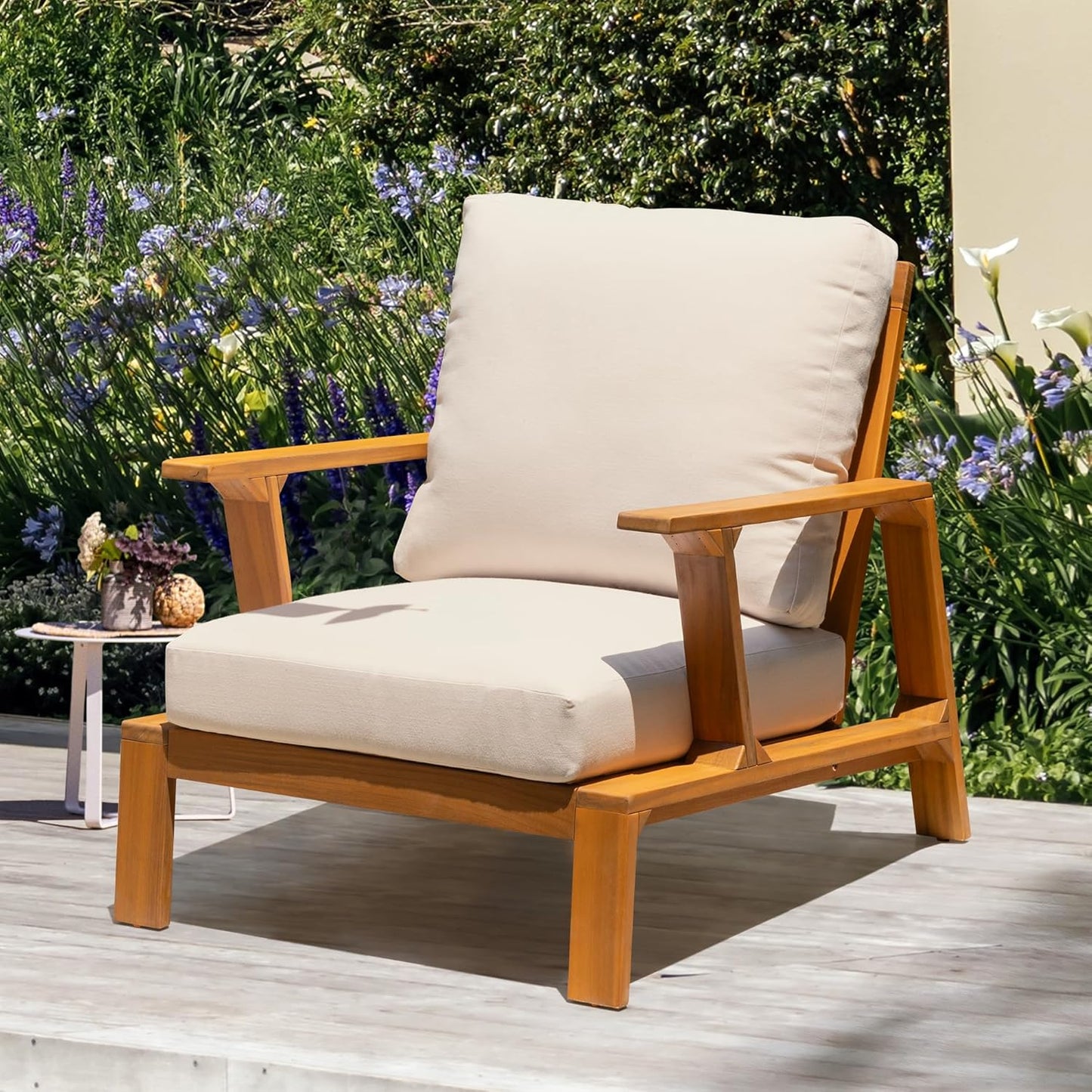 Jasper Outdoor Wooden Club Chair with Beige Cushion – Ideal for Patio, Garden, or Balcony