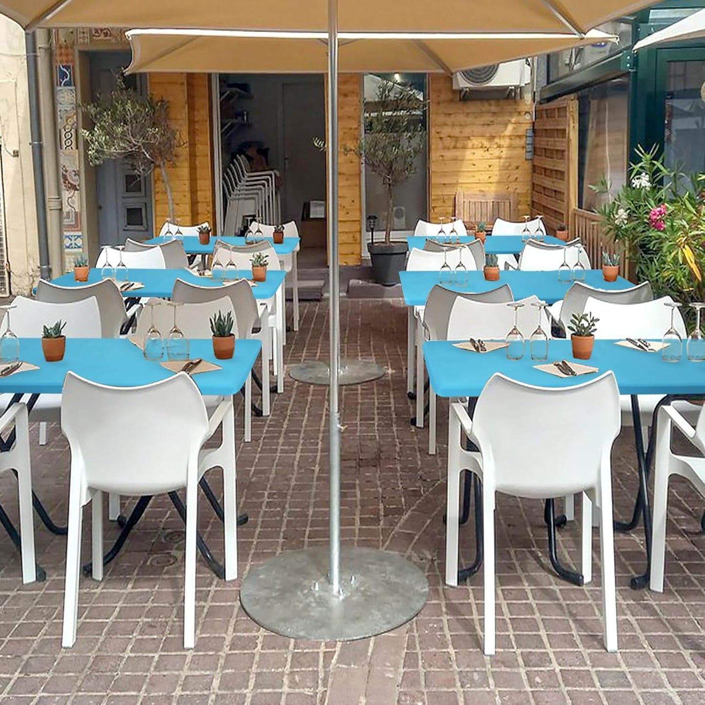 Fitted Tablecloth for 8 Foot Rectangle-6 Pack Light Blue Elastic Outdoor Picnic Table Cover-Spandex Stretch Folding Table Cloths 8ft for Camping Dining Room Patio Kitchen Banquet Party