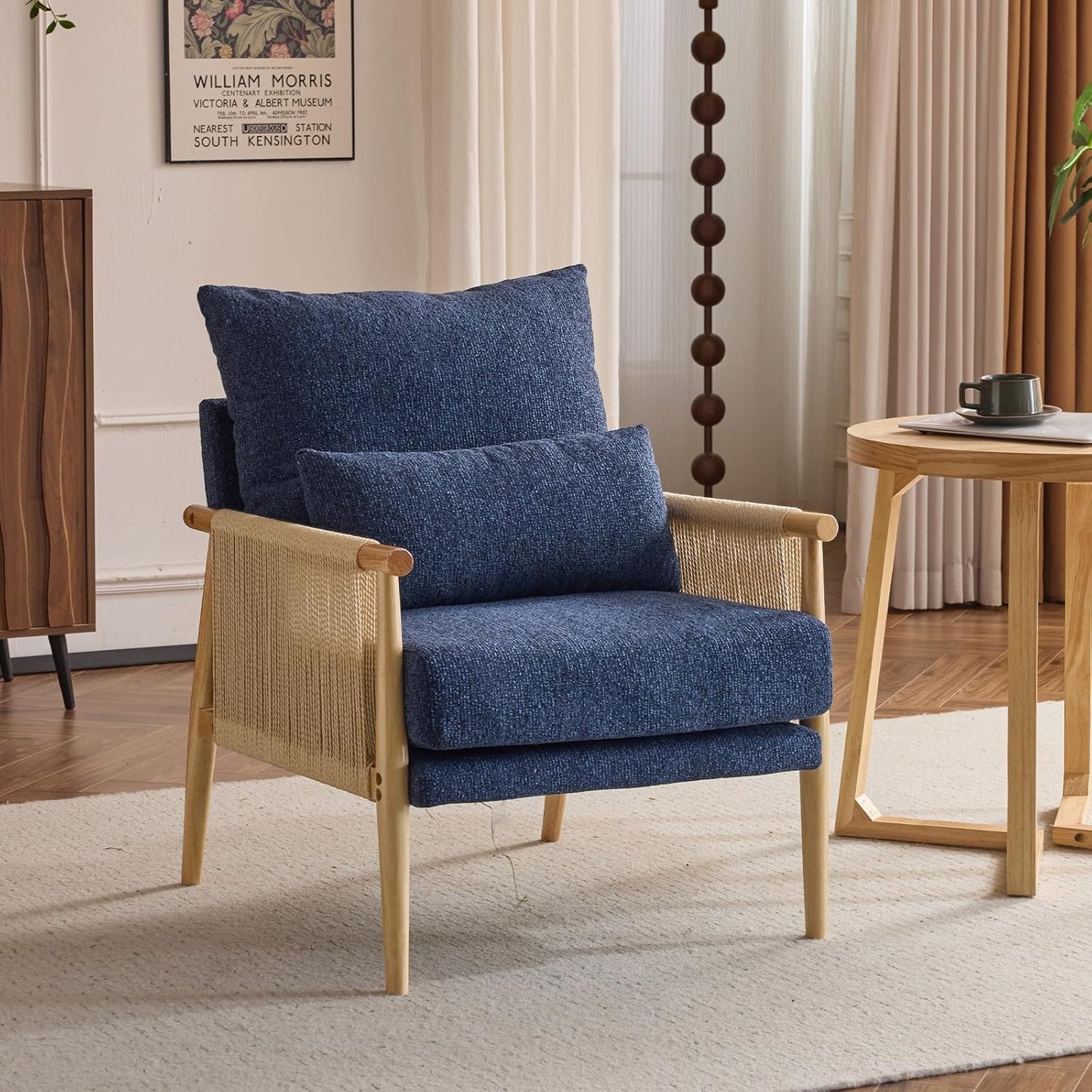 VINGLI Boho Braid Accent Armchair,Mid-Century Modern Chiar with Solid Wooden Armrest,Comfy Louge Cushion Chair with Waist Pillow for Bedroom,Living Room,Reading Room, Blue